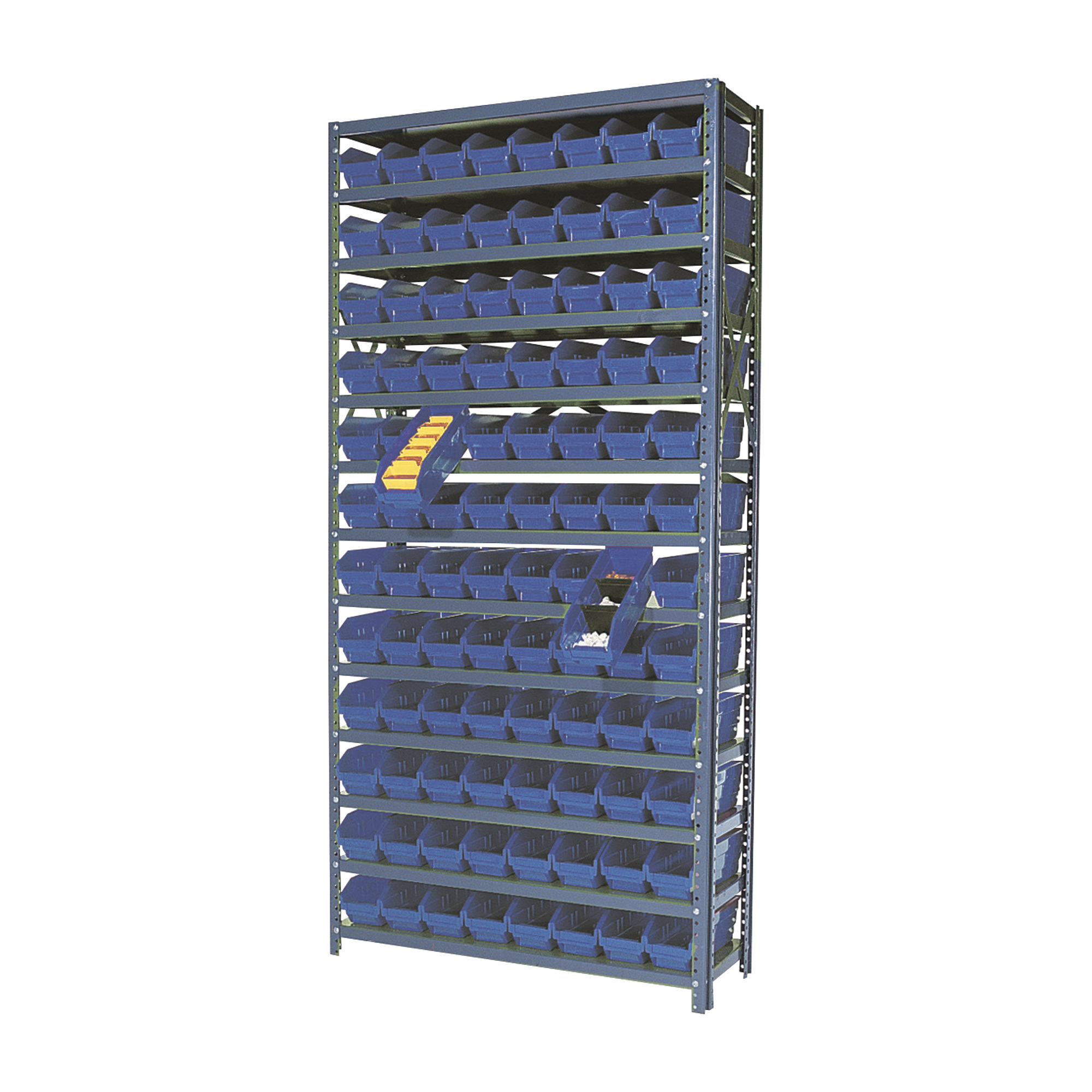 Quantum Storage Single Side Metal Shelving Unit With 96 Bins, 12Inch x 36Inch x 75Inch Rack Size, Blue, Model # 1275-101BL