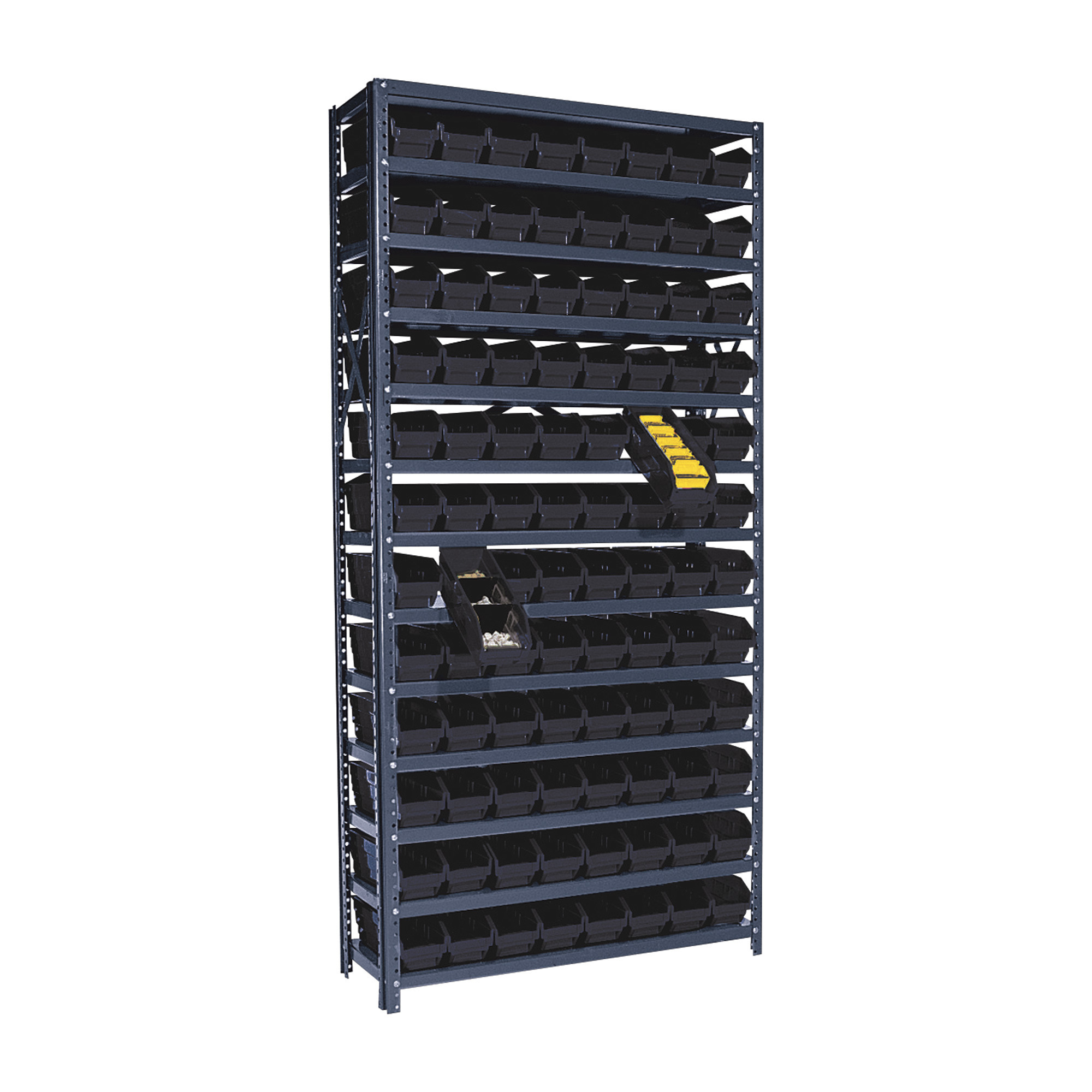 Quantum Storage Single Side Metal Shelving Unit With 96 Bins, 12Inch x 36Inch x 75Inch Rack Size, Black, Model 1275-101BK