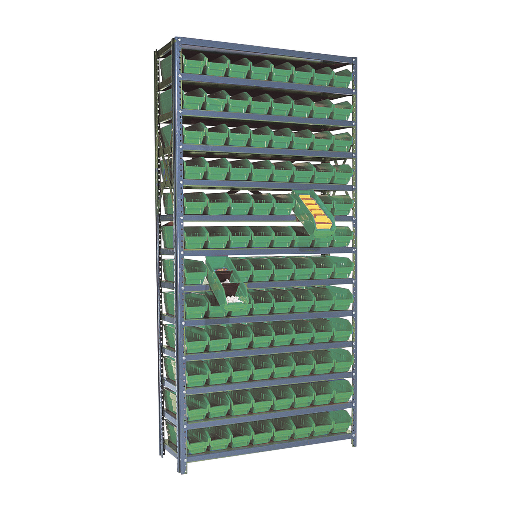 Quantum Storage Single Side Metal Shelving Unit With 96 Bins, 12Inch x 36Inch x 75Inch Rack Size, Green, Model 1275-101GN
