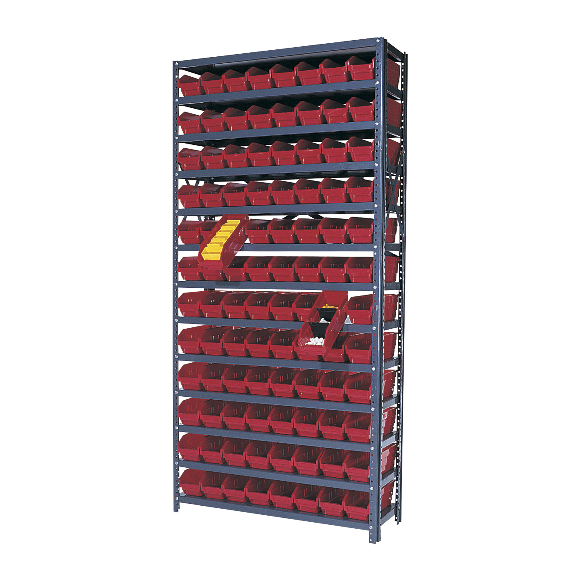 Quantum Storage Single Side Metal Shelving Unit With 96 Bins, 12Inch x 36Inch x 75Inch Rack Size, Red, Model 1275-101RD