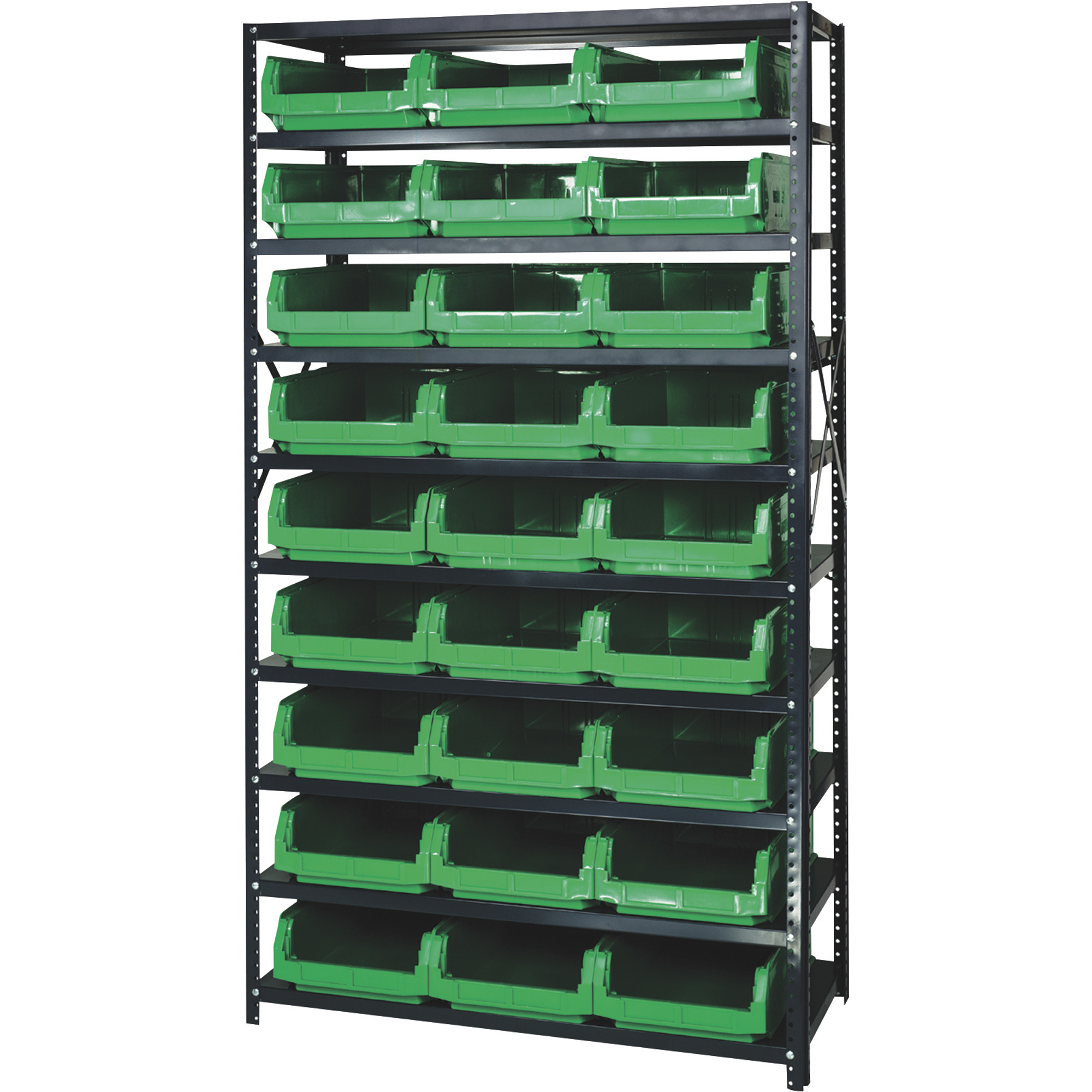 Quantum Storage Heavy Duty Metal Shelving Unit With 27 Magnum Bins, 18Inch x 42Inch x 75Inch Rack Size, Green, Model MSU-531GN