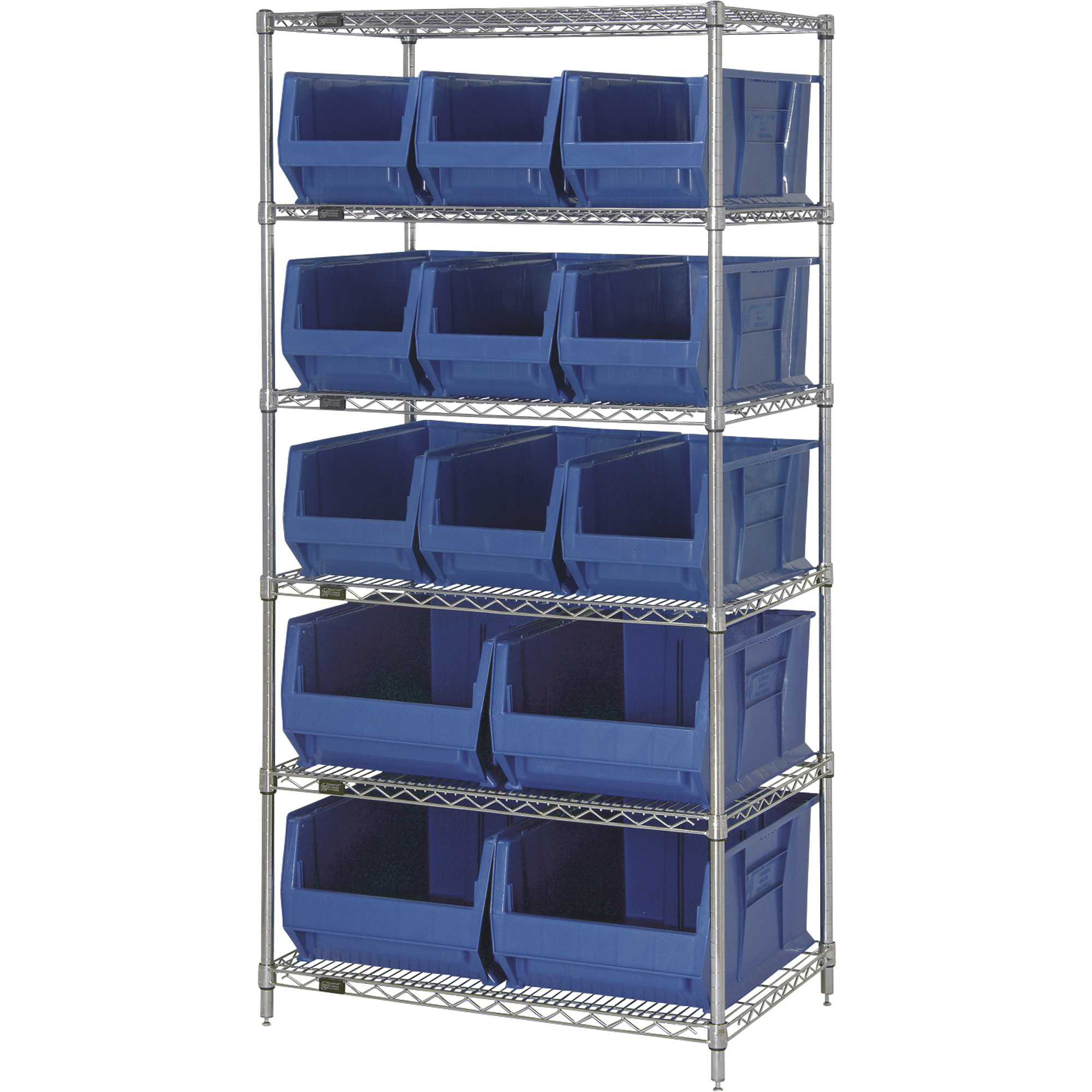 Quantum Storage Single Side Metal Shelving Unit With 13 Assorted Hulk Bins, 30Inch L x 36Inch W x 74Inch H, Blue, Model WR6-973974BL