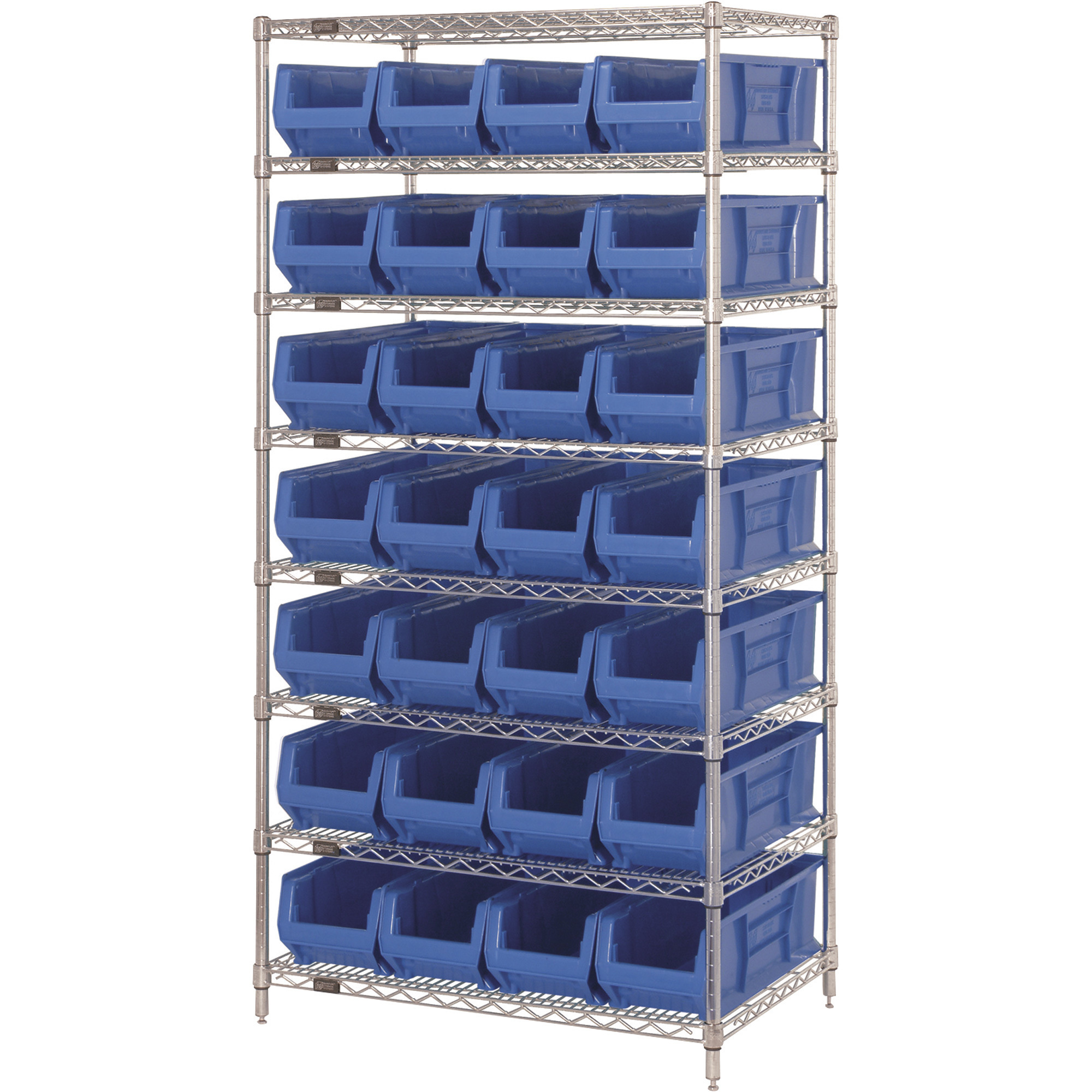 Quantum Storage Single Side Metal Shelving Unit with 28 Hulk Bins, 30Inch L x 36Inch W x 74Inch H, Blue, Model WR8-970BL