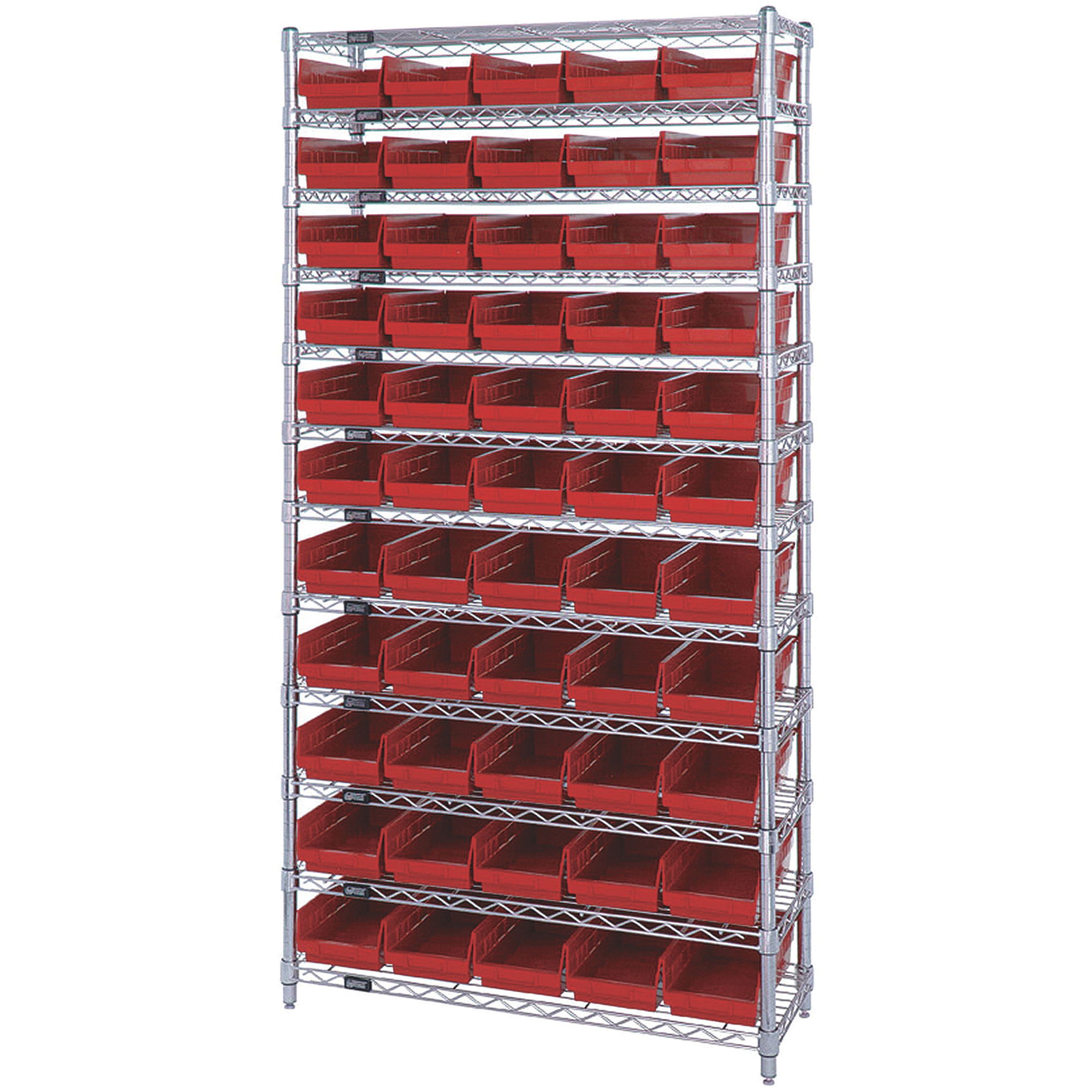 Quantum Storage Single Side Wire Chrome Shelving Unit with 55 Bins, 36Inch W x 12Inch D x 74Inch H, Red, Model WR12-102RD