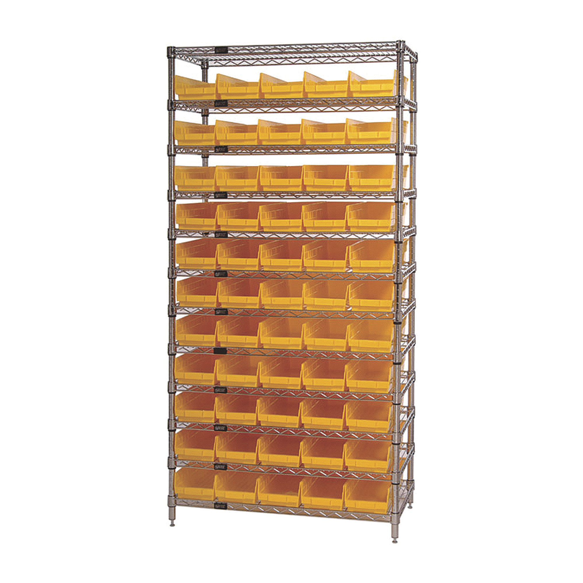 Quantum Storage 55-Bin Chrome Wire Shelf Bin System, 36Inch W x 12Inch D x 74Inch H Rack Size, Yellow, Model WR12-102YL