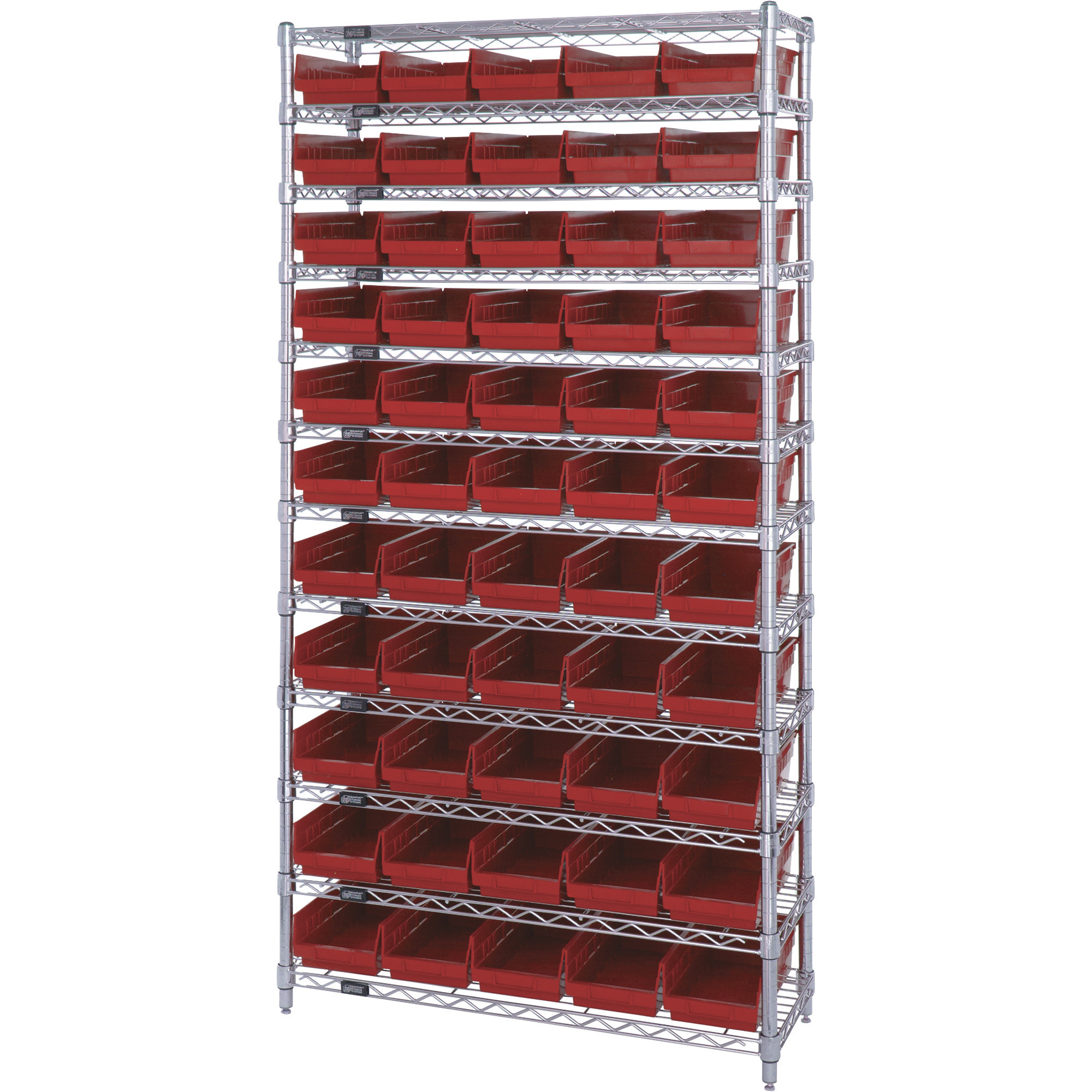 Quantum Storage Single Side Wire Chrome Shelving Unit with 55 Bins, 36Inch W x 18Inch D x 74Inch H, Red, Model WR12-104RD