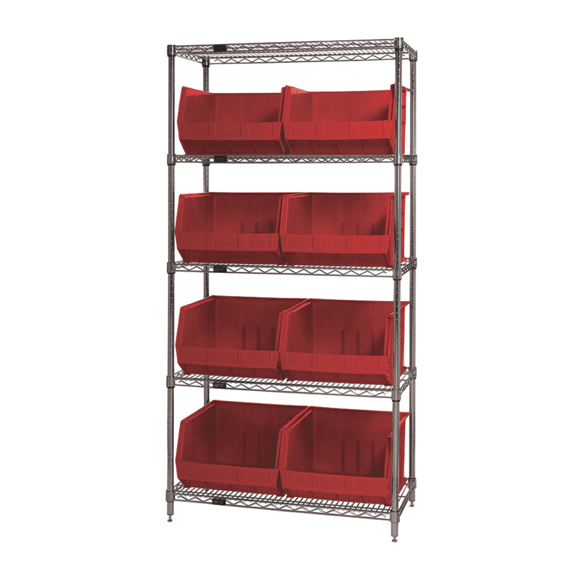 Quantum Storage Single Side Wire Chrome Shelving Unit with 8 Ultra Bins, 18Inch L x 36Inch W x 74Inch H, Red, Model WR5-270RD