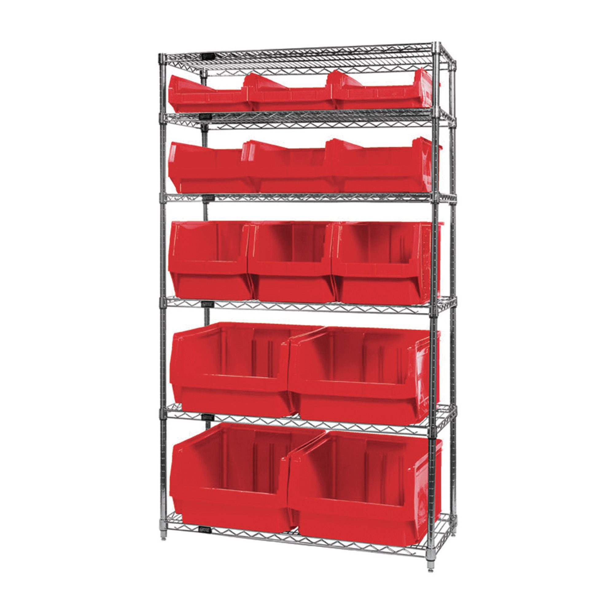 Storage Single Side Wire Chrome Shelving Unit with 13 Assorted Magnum Bins — 18Inch L x 42Inch W x 74Inch H, Red, Model - Quantum WR6-13-MIXRD