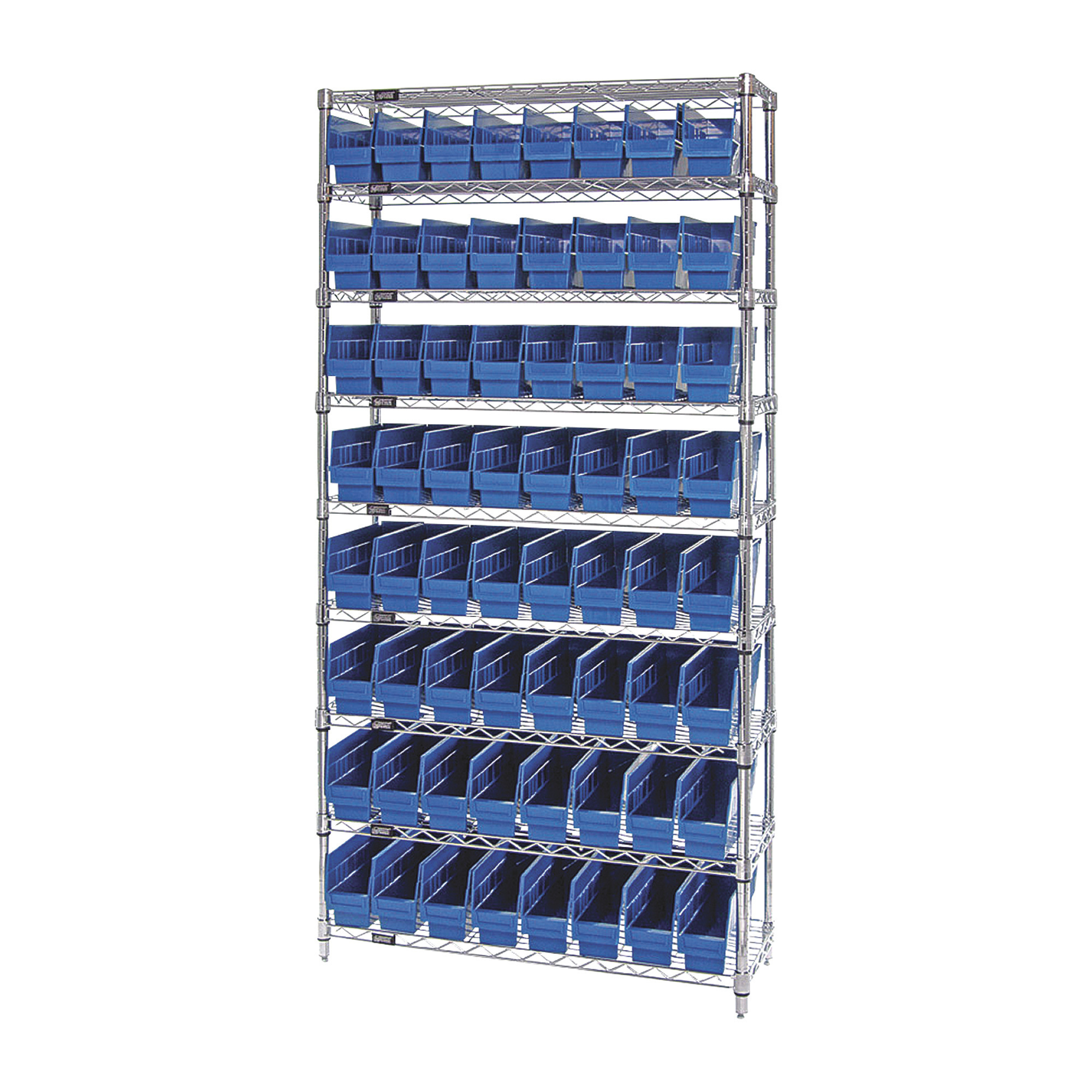 Quantum Storage Single Side Wire Chrome Shelving Unit with 64 Bins — 36Inch W x 12Inch D x 74Inch H, Blue, Model WR9-201BL -  Quantum Storage Systems
