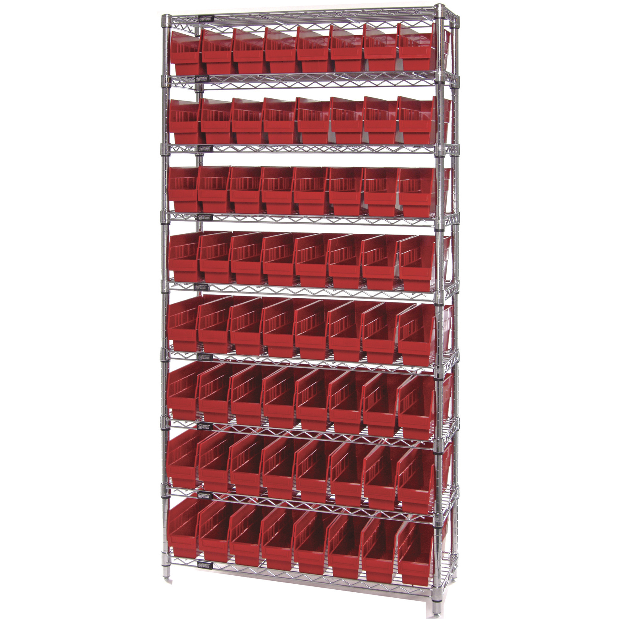 Quantum Storage Single Side Wire Chrome Shelving Unit with 64 Bins — 36Inch W x 12Inch D x 74Inch H, Red, Model WR9-201RD -  Quantum Storage Systems