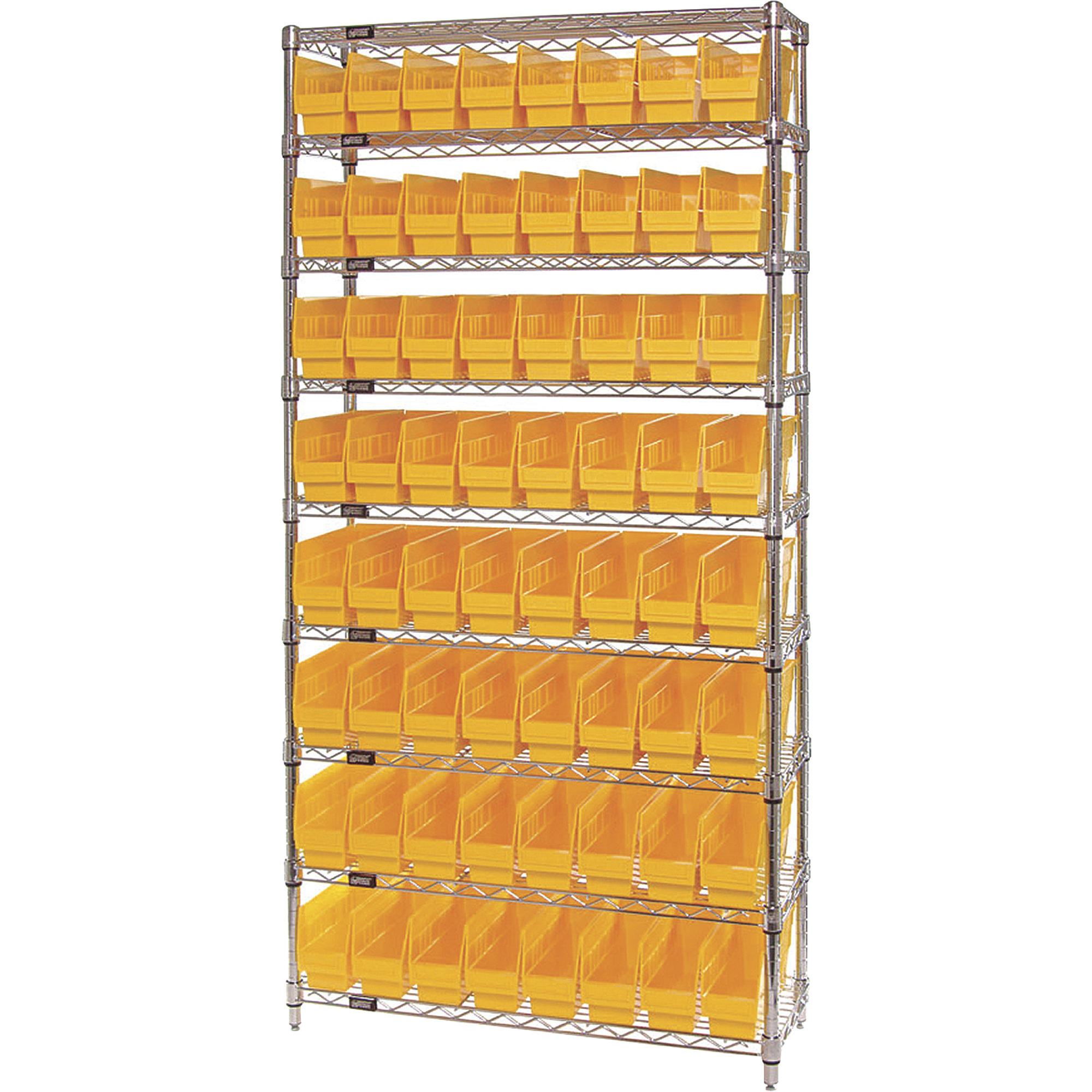 Quantum Storage Single Side Wire Chrome Shelving Unit with 64 Bins — 36Inch W x 12Inch D x 74Inch H, Yellow, Model WR9-201YL -  Quantum Storage Systems