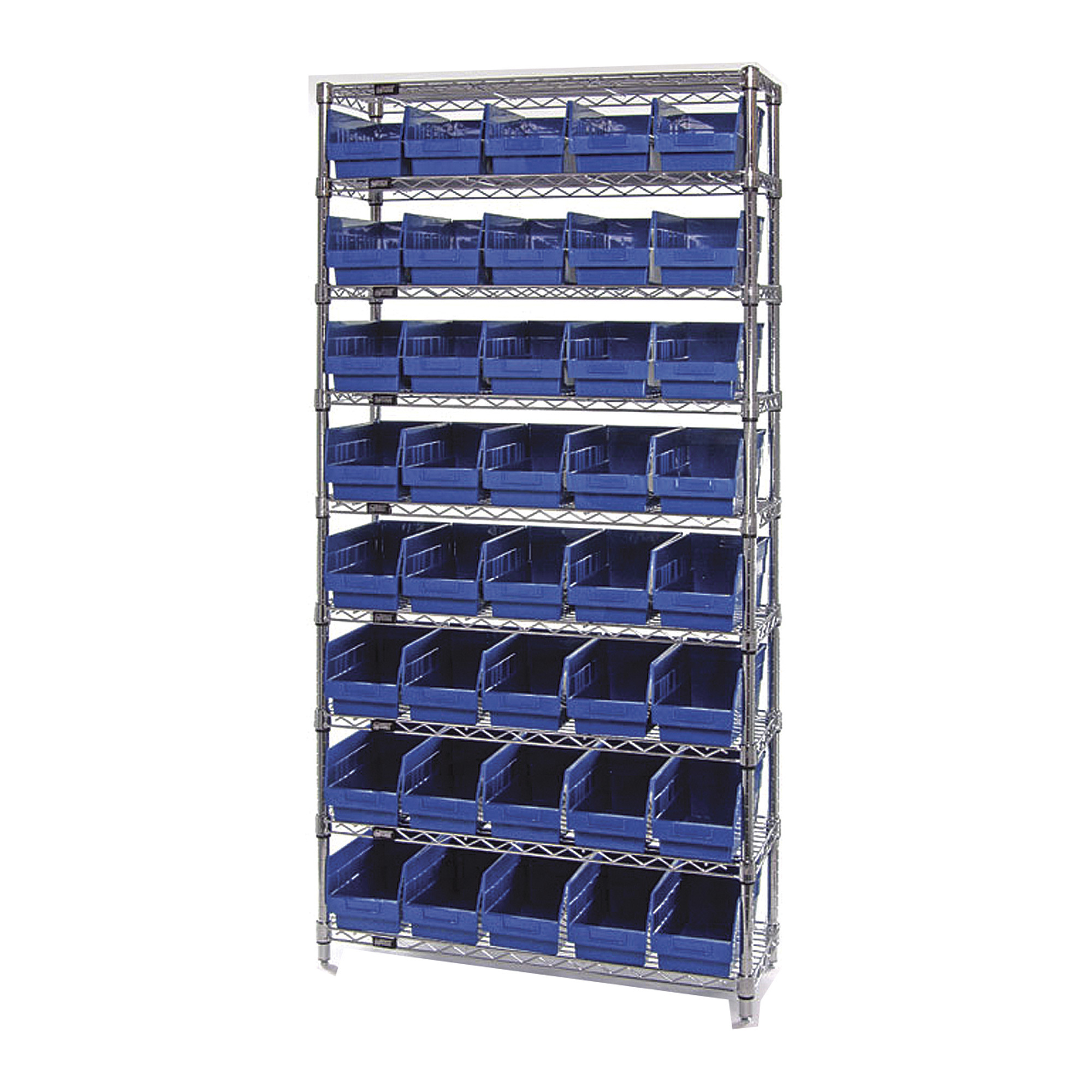 Storage Single Side Wire Chrome Shelving Unit with 40 Bins — 36Inch W x 12Inch D x 74Inch H, Blue, Model - Quantum WR9-202BL