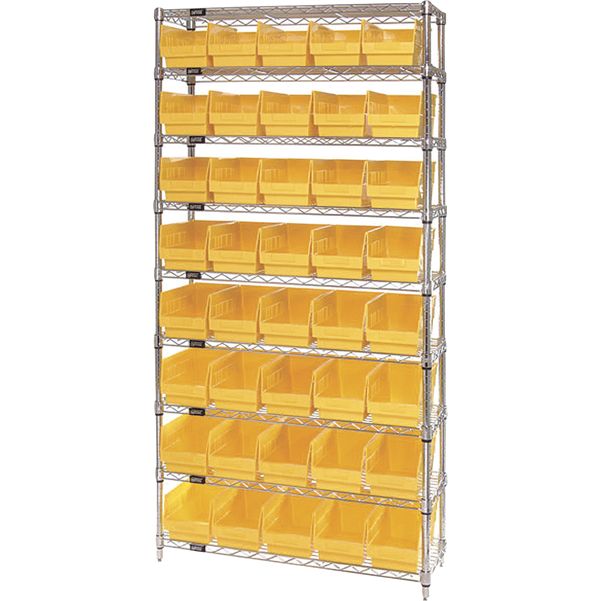 Storage Single Side Wire Chrome Shelving Unit with 40 Bins — 36Inch W x 12Inch D x 74Inch H, Yellow, Model - Quantum WR9-202YL