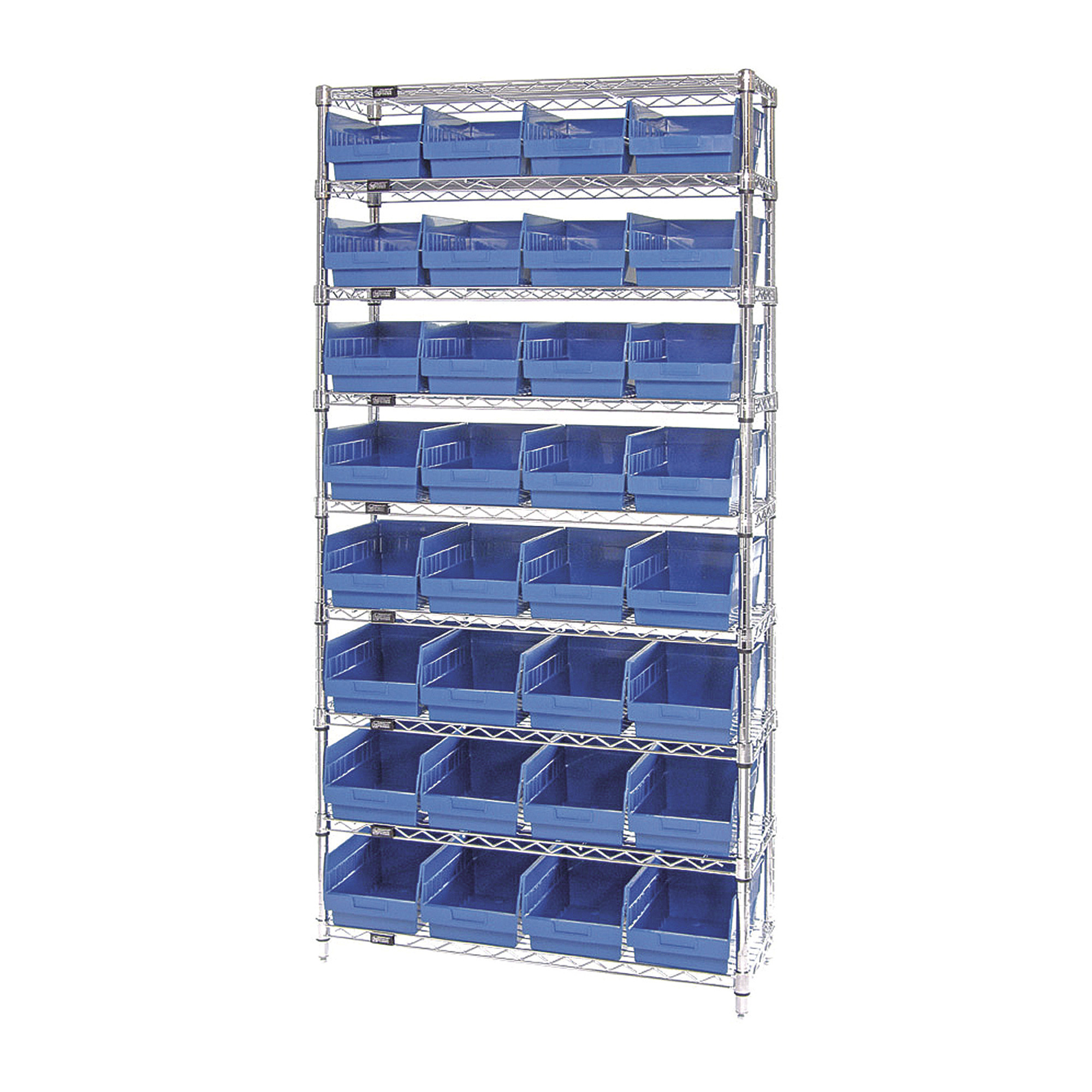 Quantum Storage Single Side Wire Chrome Shelving Unit with 32 Bins — 36Inch W x 12Inch D x 74Inch H, Blue, Model WR9-207BL -  Quantum Storage Systems