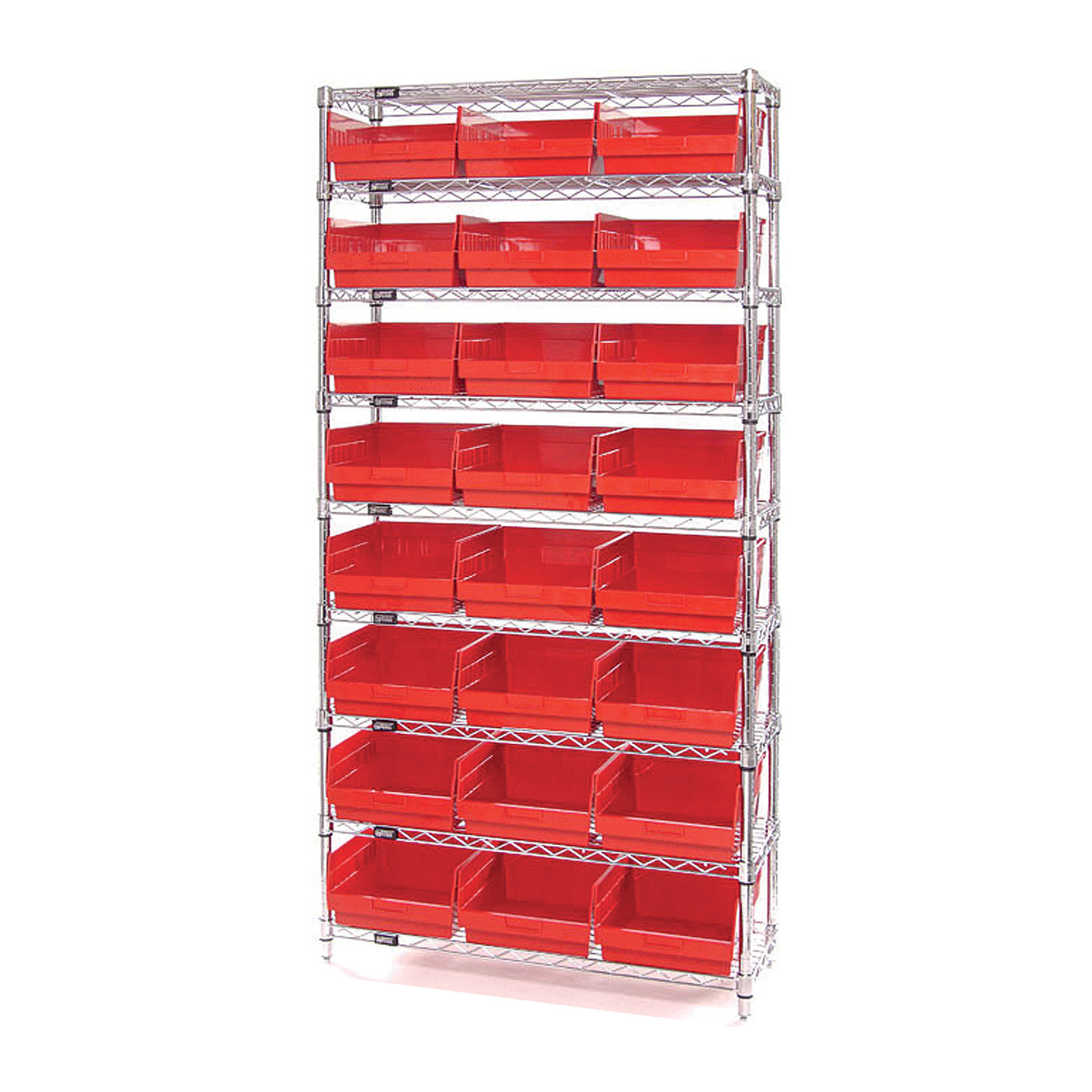 Storage Single Side Wire Chrome Shelving Unit with 24 Bins — 36Inch W x 12Inch D x 74Inch H, Red, Model - Quantum WR9-209RD