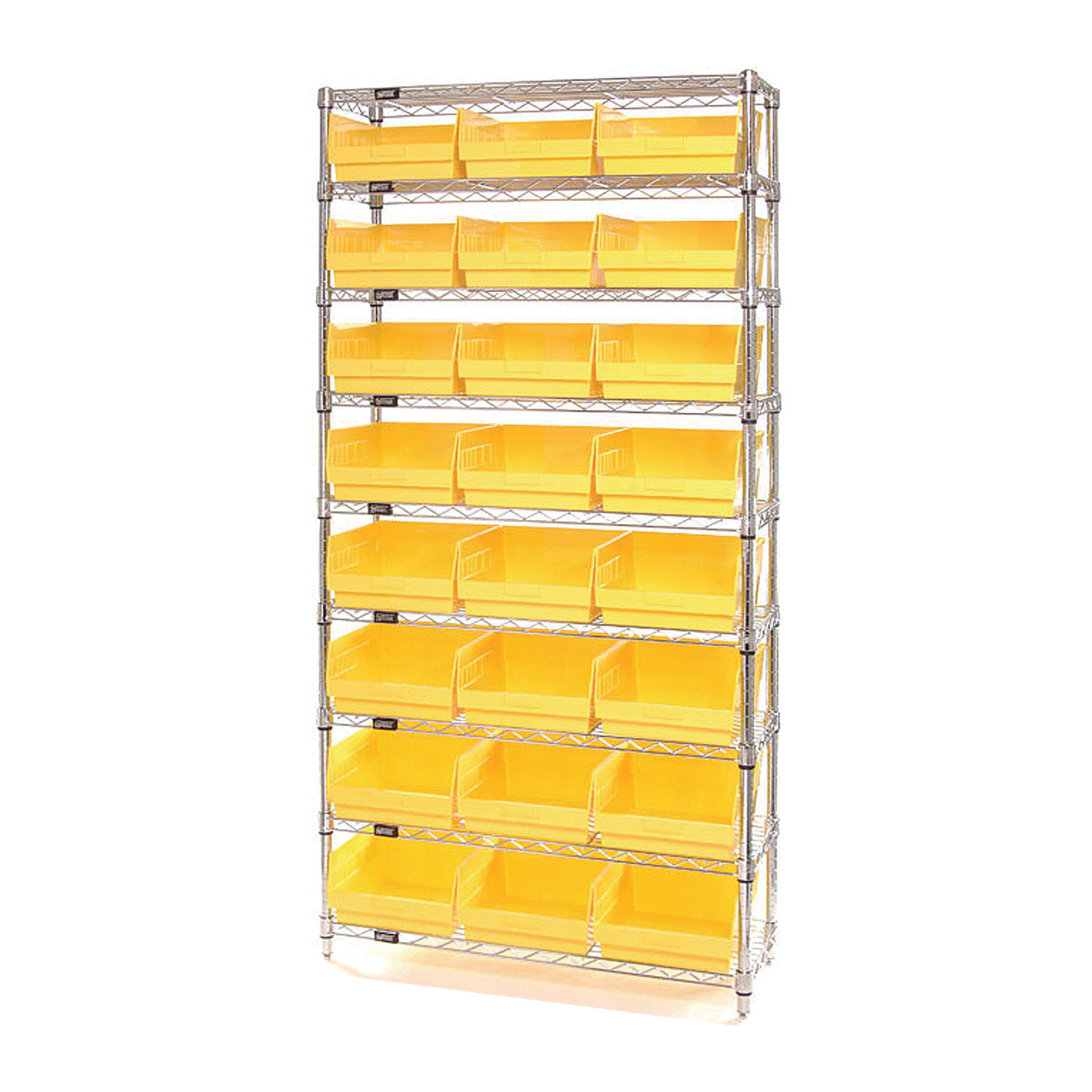 Storage Single Side Wire Chrome Shelving Unit with 24 Bins — 36Inch W x 12Inch D x 74Inch H, Yellow, Model - Quantum WR9-209YL