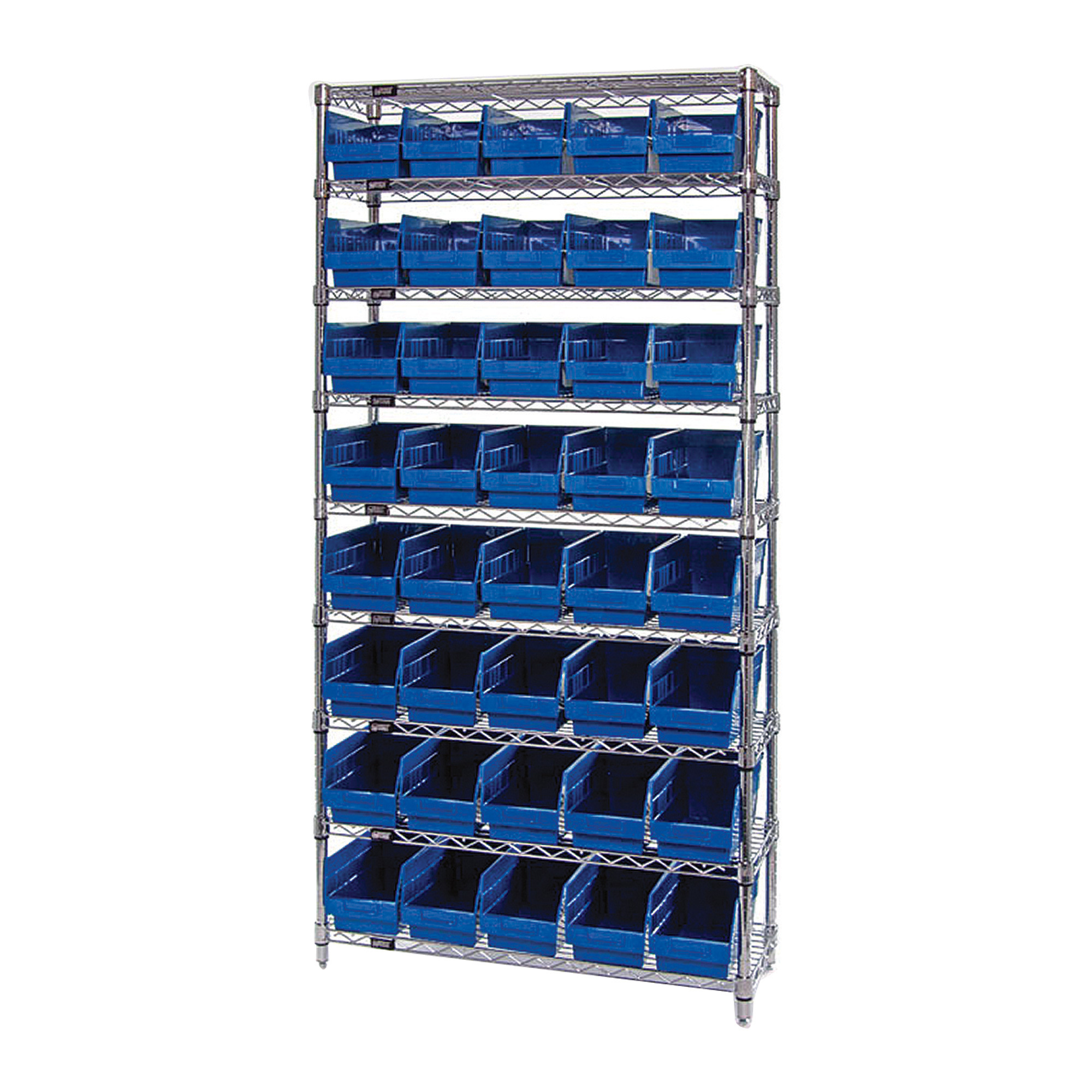 Storage Single Side Wire Chrome Shelving Unit with 40 Bins — 36Inch W x 18Inch D x 74Inch H, Blue, Model - Quantum WR9-204BL