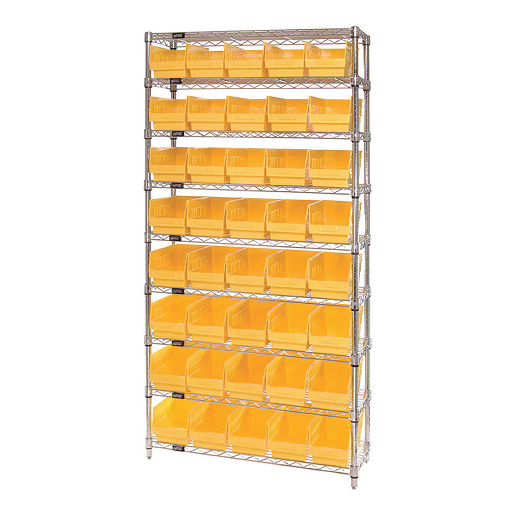 Storage Single Side Wire Chrome Shelving Unit with 40 Bins — 36Inch W x 18Inch D x 74Inch H, Yellow, Model - Quantum WR9-204YL