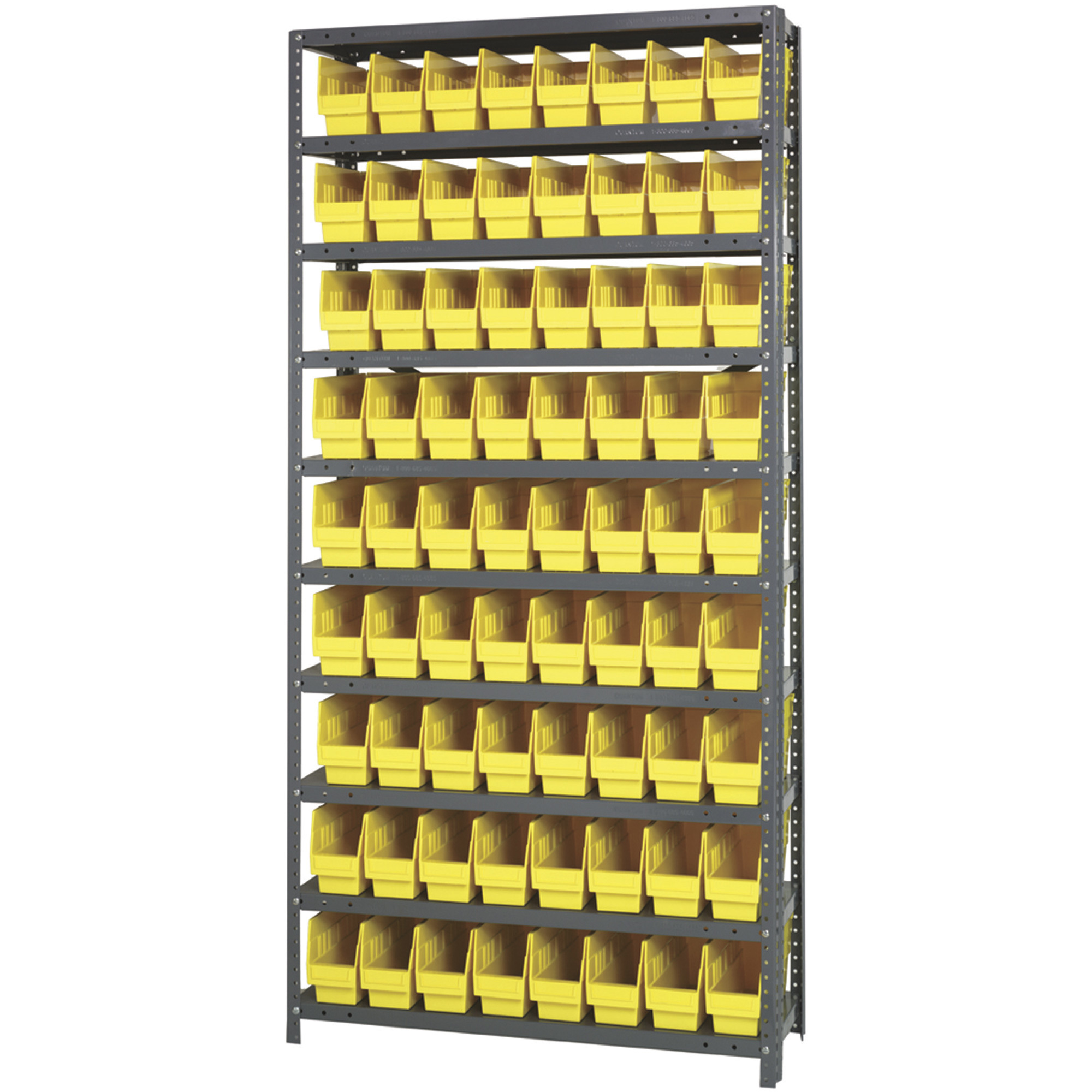 Quantum Storage Metal Shelving Unit with 72 Bins, 36Inch W x 12Inch D x 75Inch H, Yellow, Model 1275-201YL