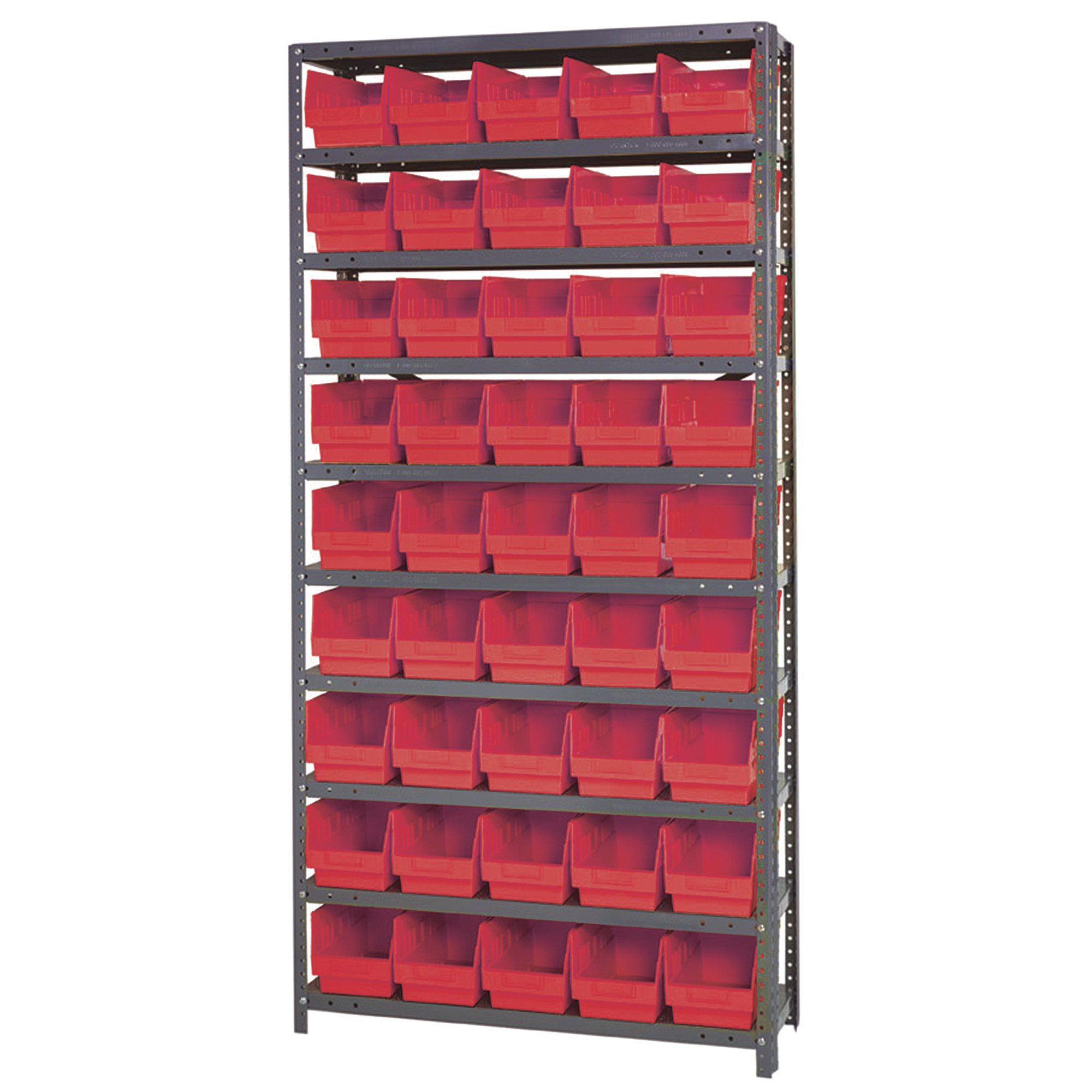 Quantum Storage Metal Shelving Unit with 45 Bins, 36Inch W x 12Inch D x 75Inch H, Red, Model 1275-202RD