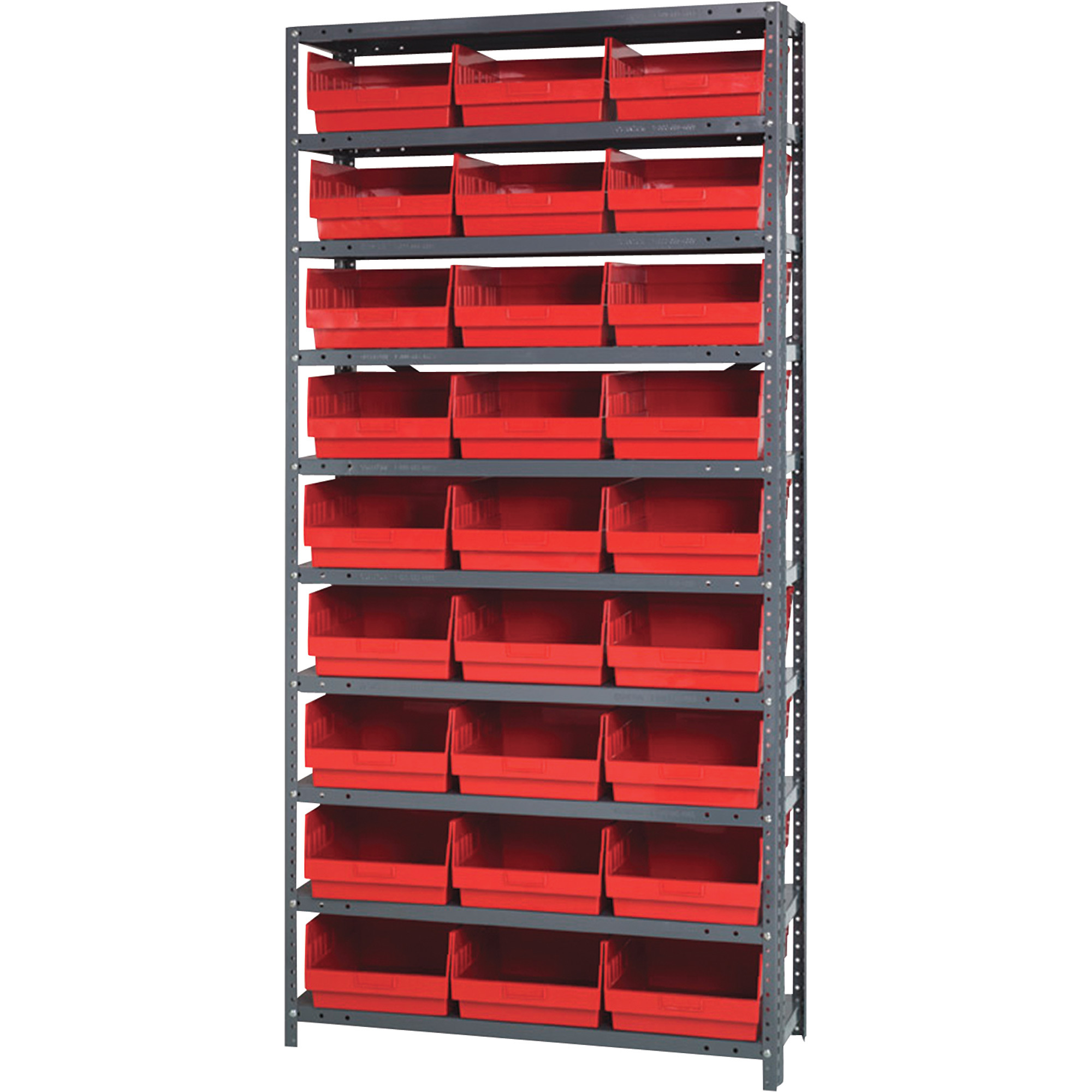 Quantum Storage Metal Shelving Unit with 27 Bins, 36Inch W x 12Inch D x 75Inch H, Red, Model 1275-209RD