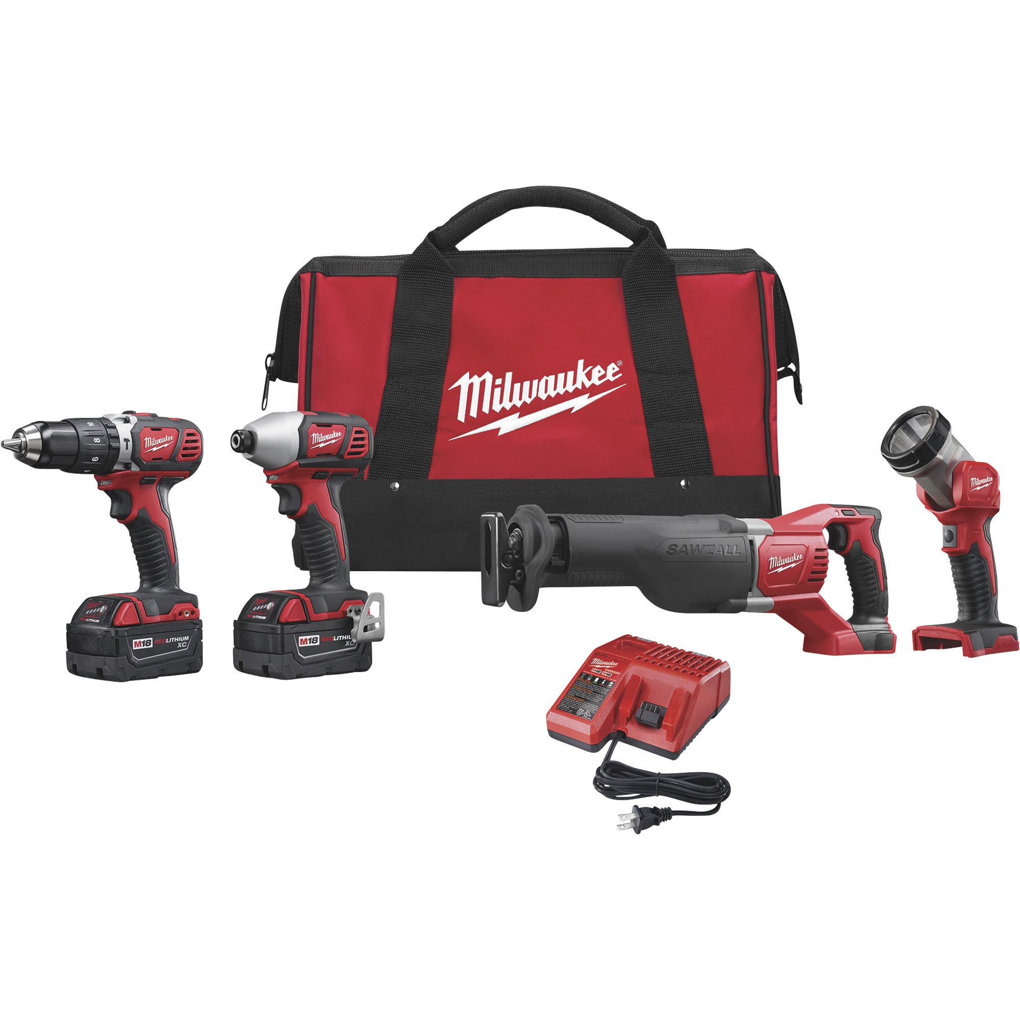 Milwaukee M18 18 Volt Lithium-Ion Cordless Power Tool Combo Set, 4-Tool Set, 2 Batteries, Model 2696-24