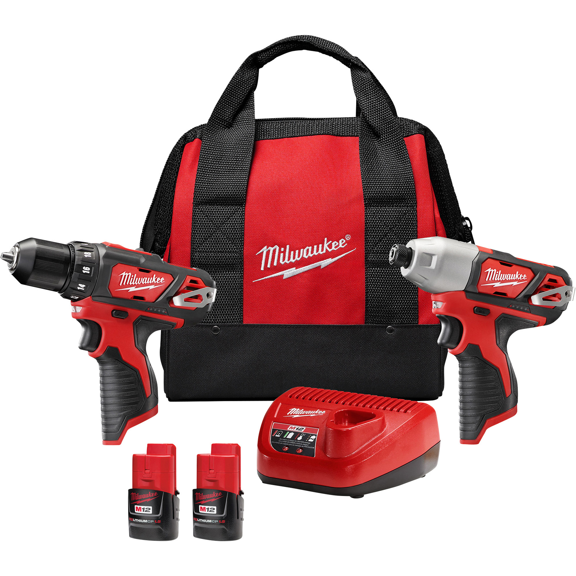 Milwaukee M12 Lithium-Ion Cordless Power Tool Set, 3/8Inch Drill and 1/4Inch Hex Impact Driver, 2 Batteries, Model 2494-22