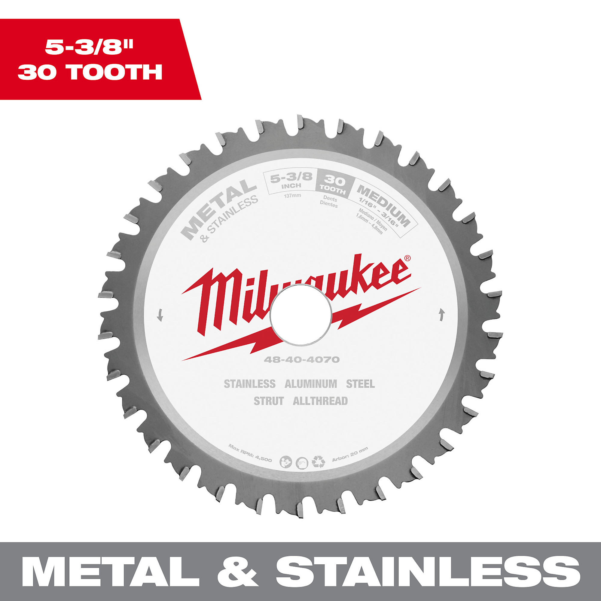 Milwaukee Circular Saw Blade, 5 3/8Inch Diameter, 30 Tooth, Ferrous Metal Cutting, Model 48-40-4070