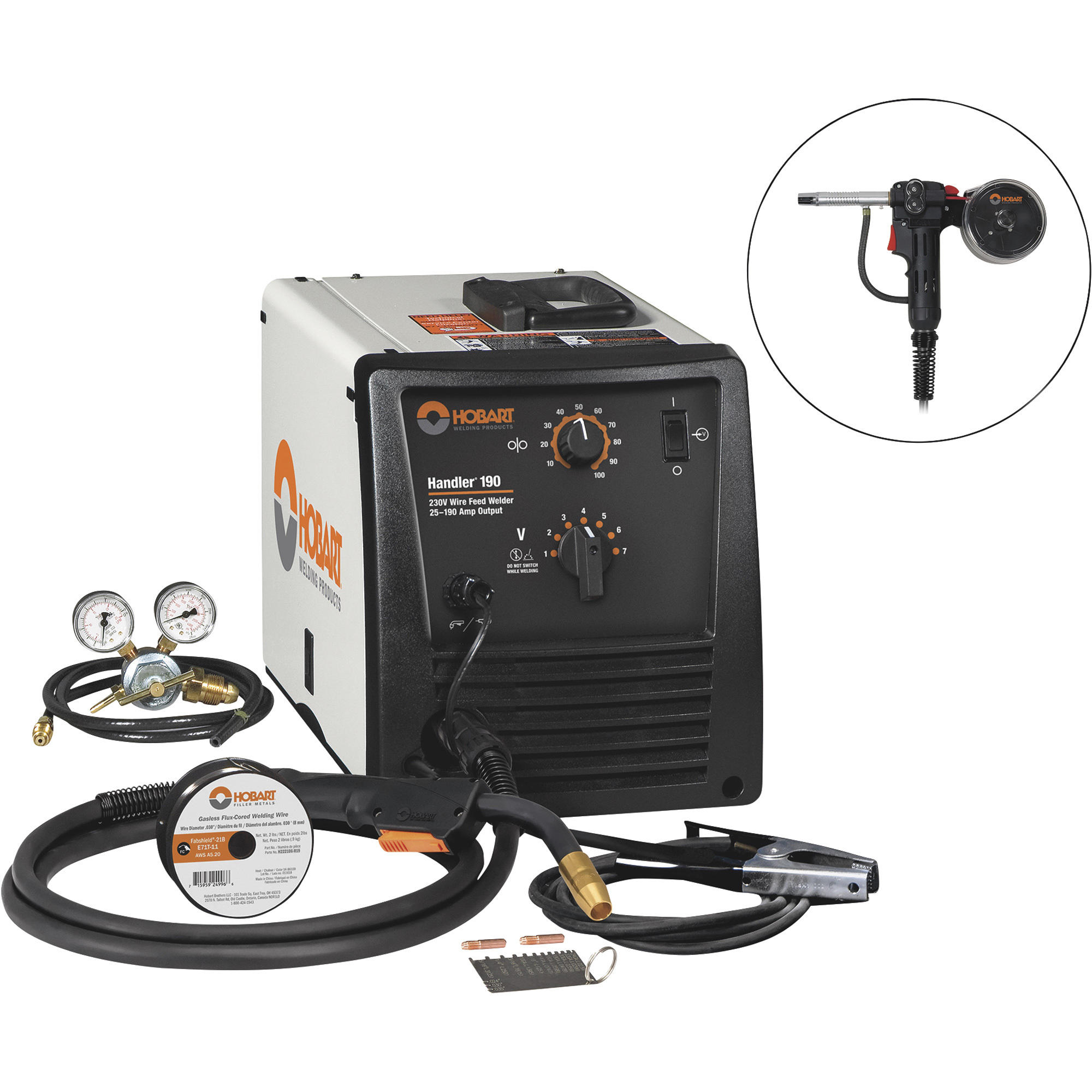 Hobart Handler 190 Flux-Core/MIG Welder with SpoolRunner 100 â Transformer, 230V, 25â190 Amp Output, Model 500554001