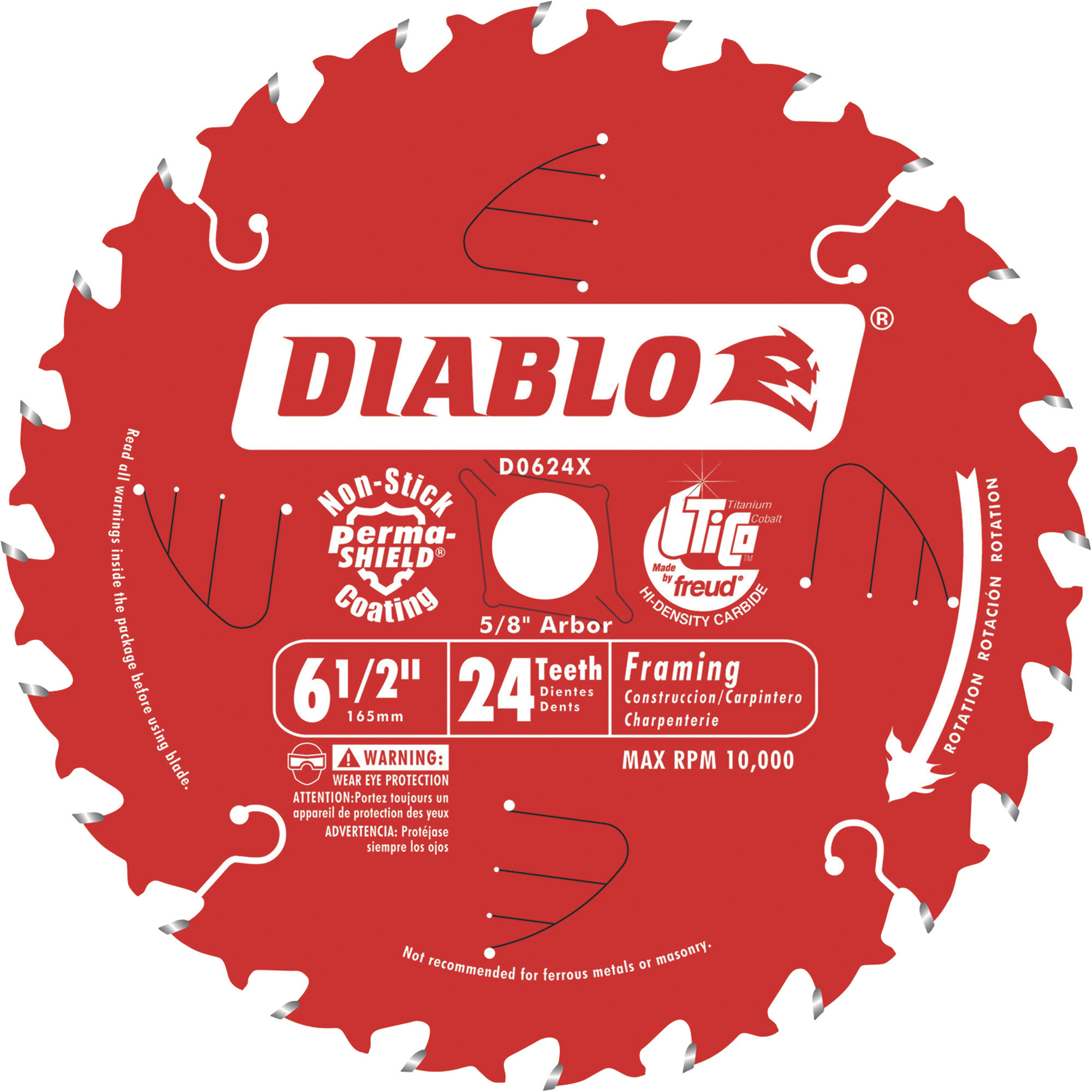 Freud Diablo Framing Saw Blade, 6 1/2Inch x 24 Tooth, For Wood & Wood Composites, Model D0624X