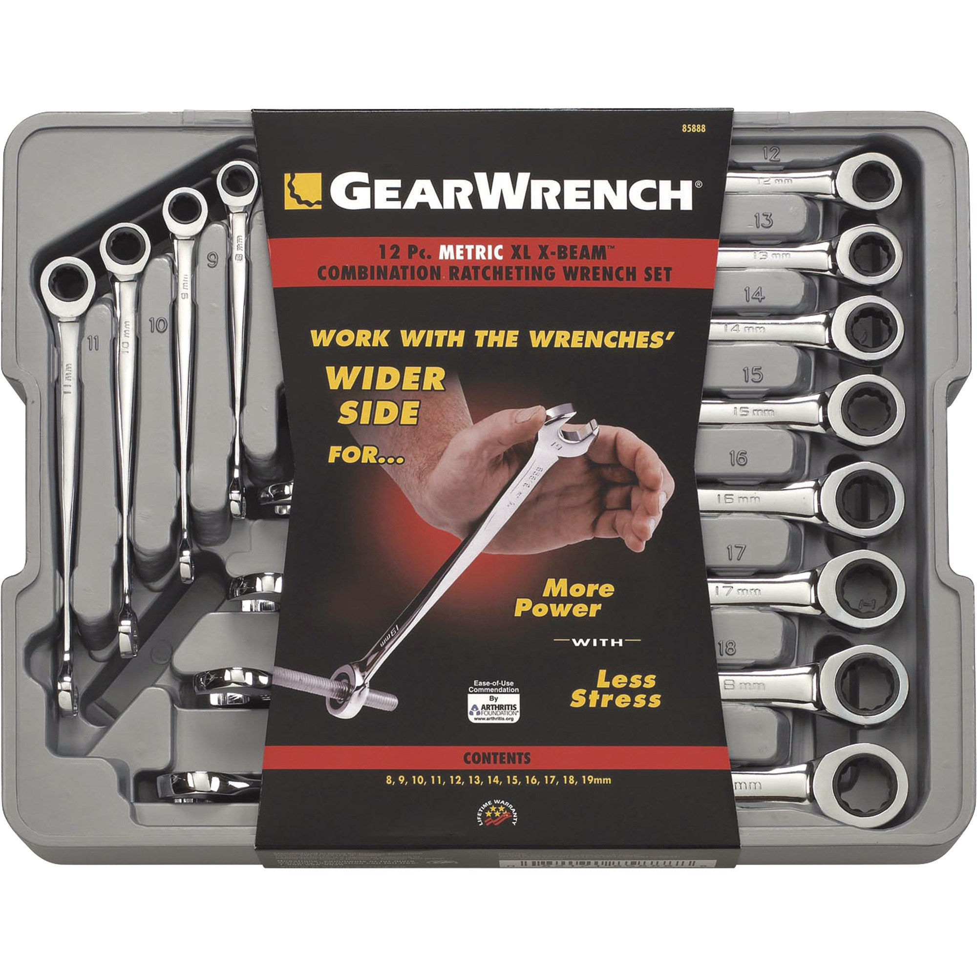 GearWrench Extra-Long X-Beam Ratcheting Combination Wrenches â 12-Piece Metric Set, 8mmâ19mm, Model 85888