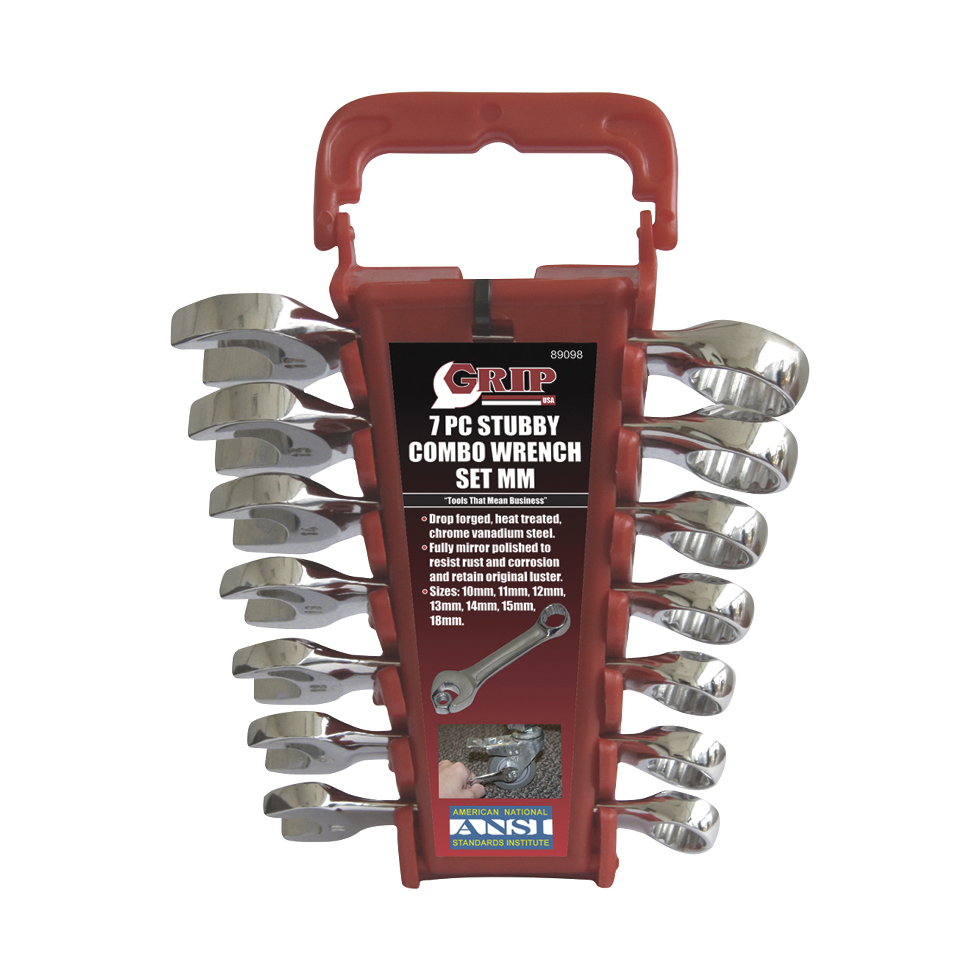 Grip-On Stubby Combo Wrench Set, 7-Piece, Metric, Model 89098