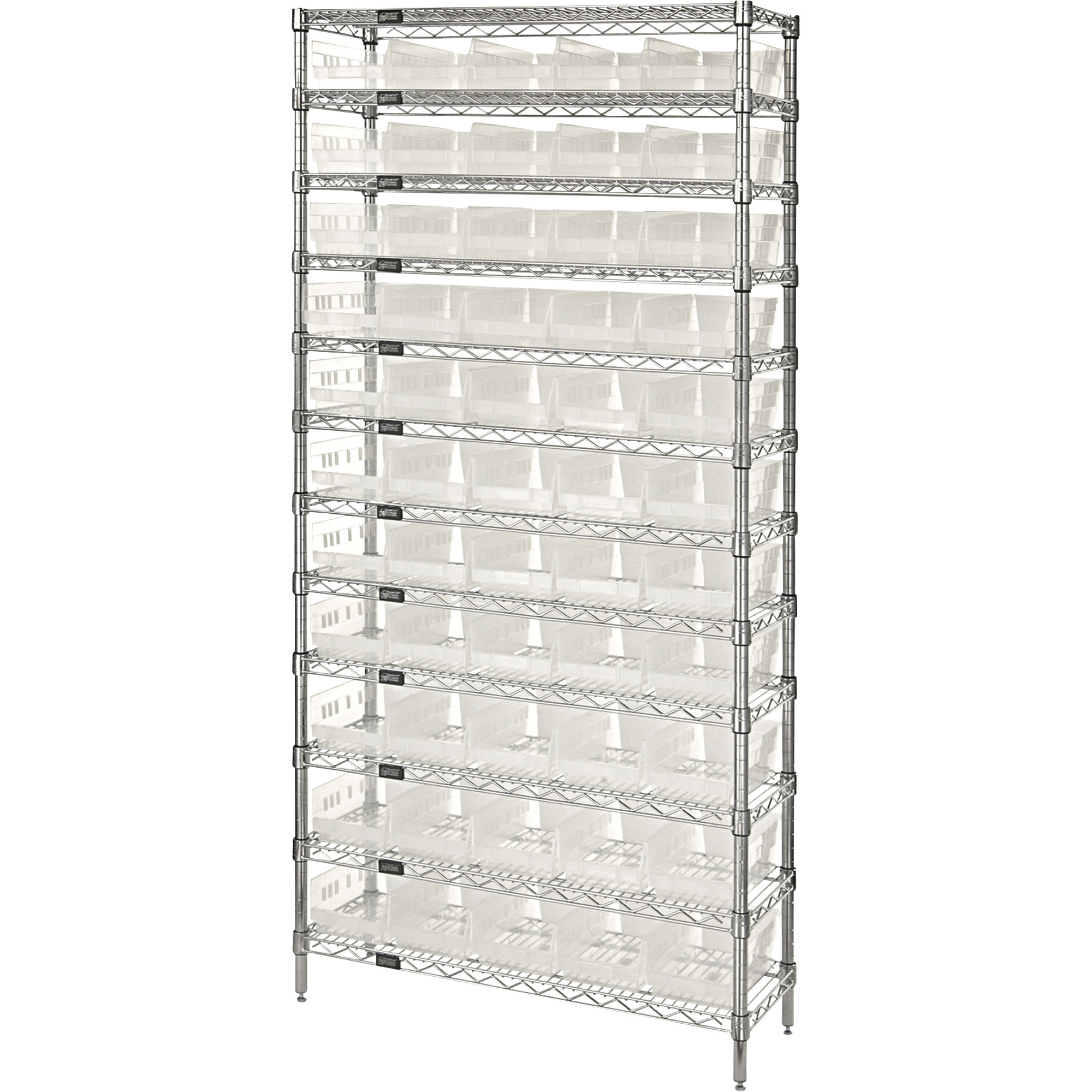 Storage Complete Single Side Wire Shelving Unit with 55 Bins — 36Inch W x 12Inch D x 74Inch H, Clear, Model - Quantum WR12-102CL