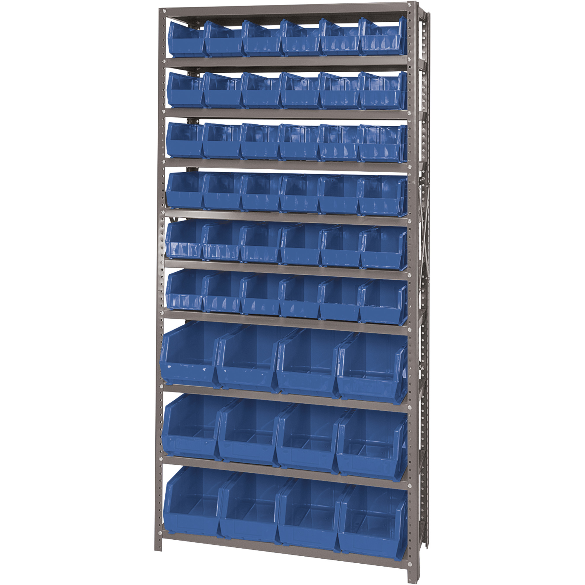 Quantum Storage Single Side Metal Shelving Unit with 48 Assorted Bins, 12Inch x 36Inch x 75Inch Rack Size, Blue, Model QSBU-230240BL