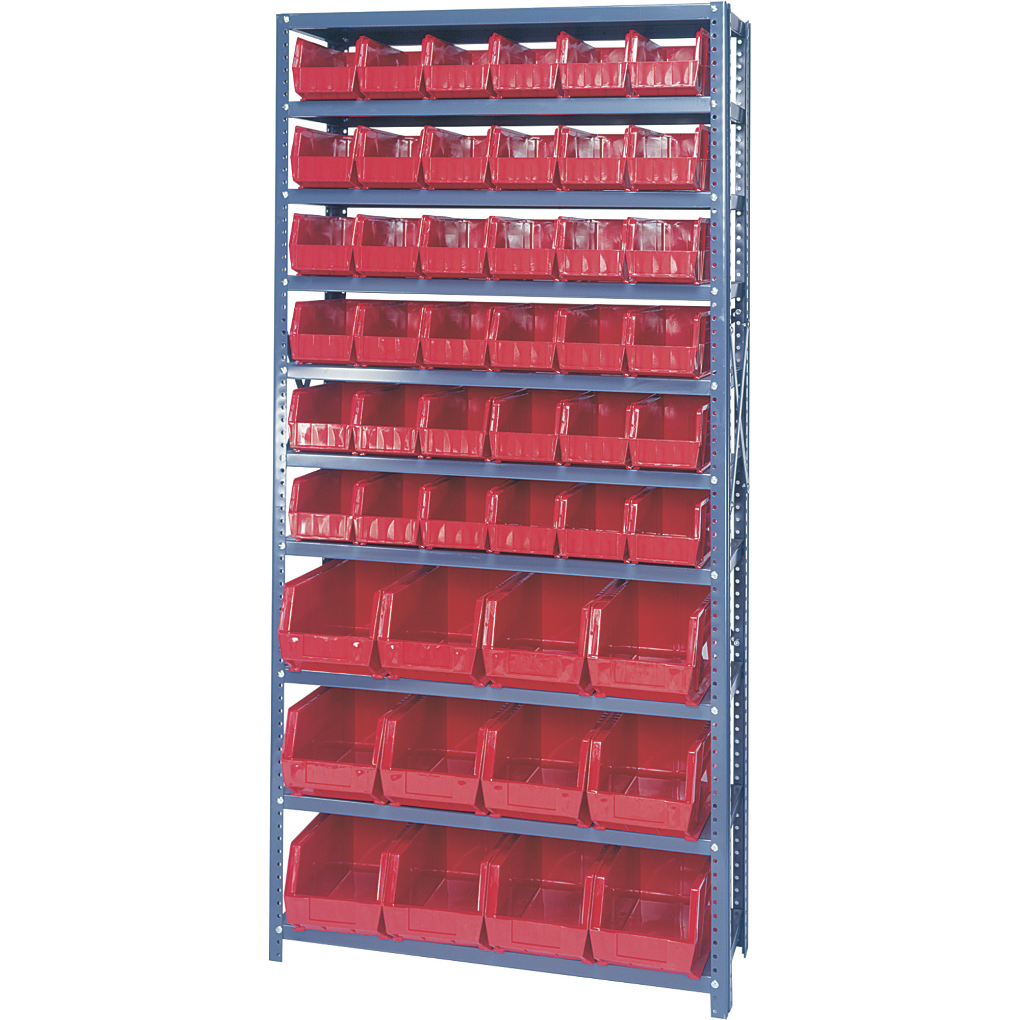 Quantum Storage Single Side Metal Shelving Unit with 48 Assorted Bins, 12Inch x 36Inch x 75Inch Rack Size, Red, Model QSBU-230240RD