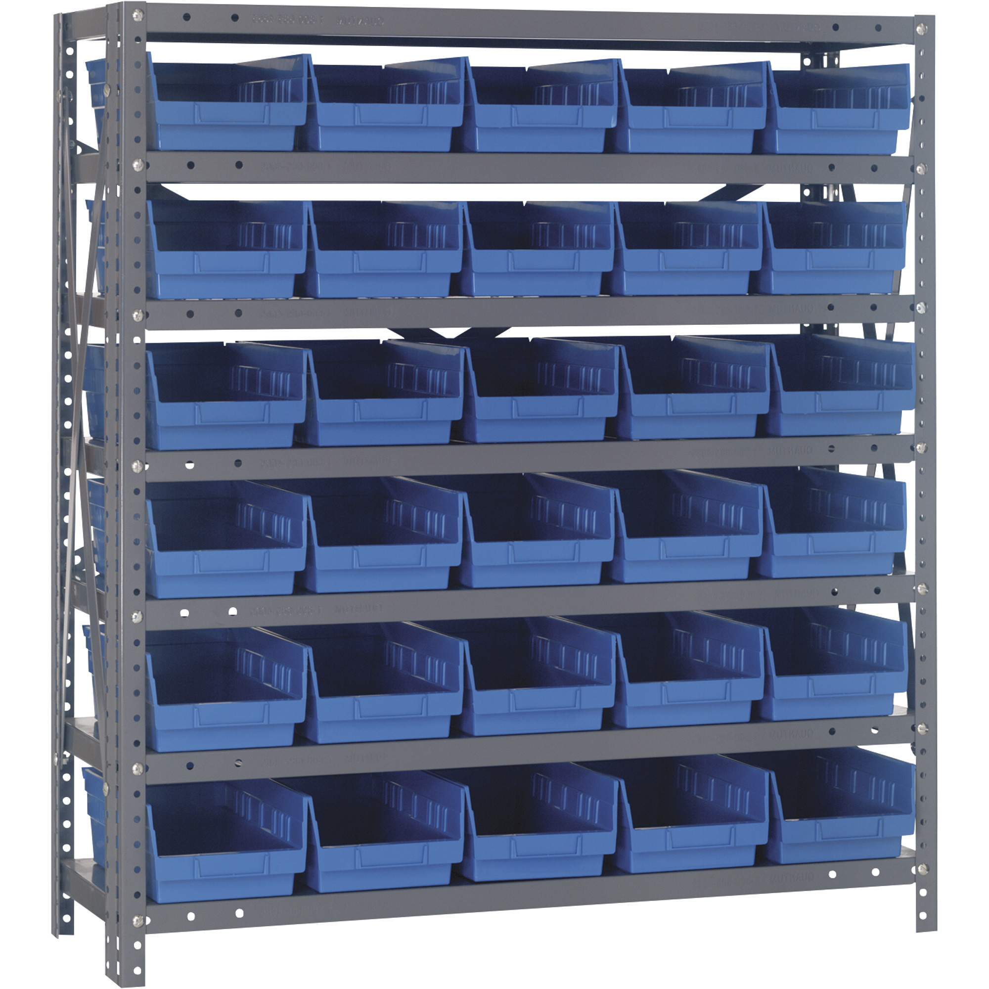 Quantum Storage Single Sided Steel Shelving Unit with 30 Bins, 36Inch W x 12Inch D x 39Inch H Rack Size, Blue, Model 1239-102BL