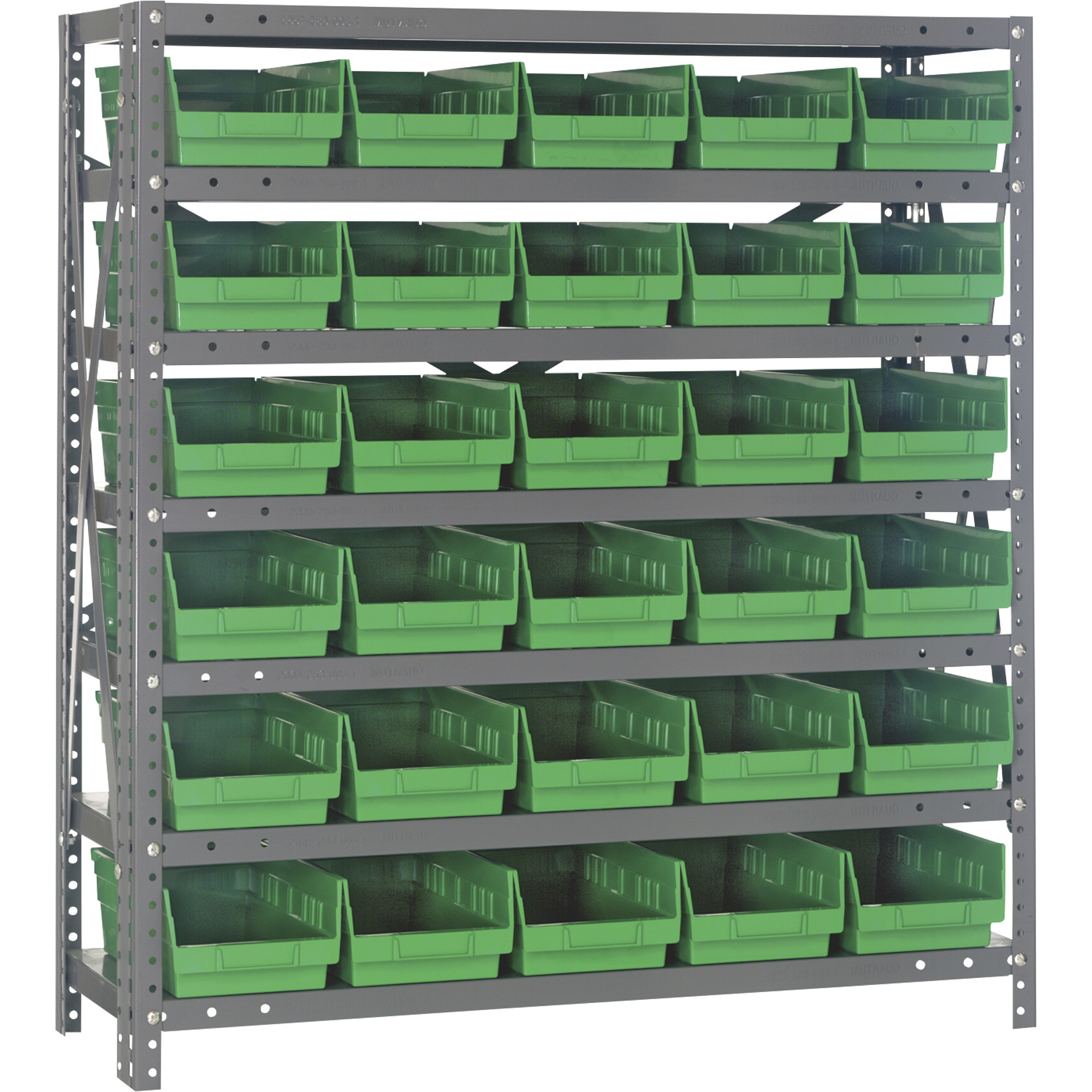 Quantum Storage Single Sided Steel Shelving Unit with 30 Bins, 36Inch W x 12Inch D x 39Inch H Rack Size, Green, Model 1239-102GN