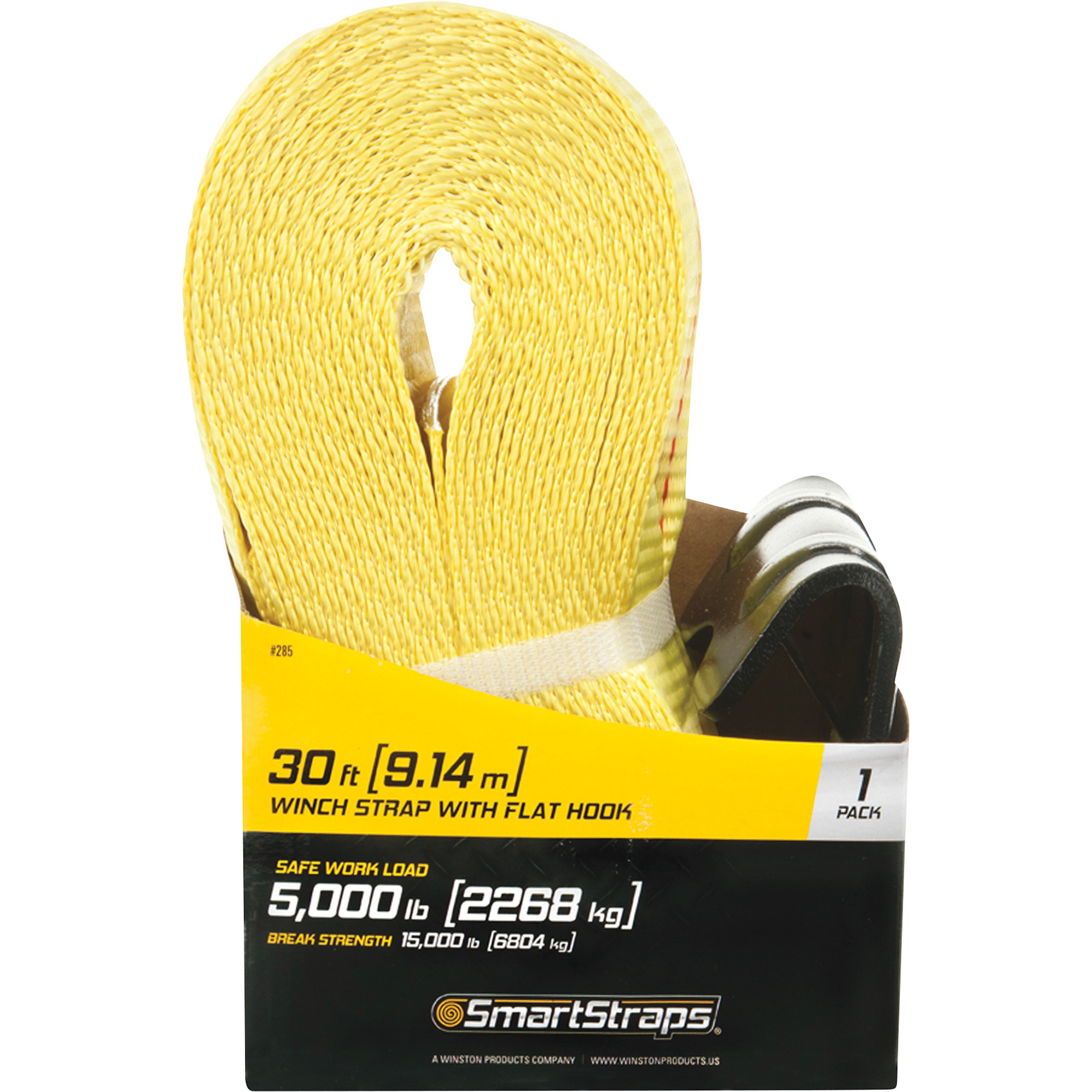 SmartStraps Winch Strap with Flat Hook, 30ft.L x 4Inch W, 15,000-Lb. Capacity Break Strength, 5,000-Lb. Working Load, Yellow, Model 285