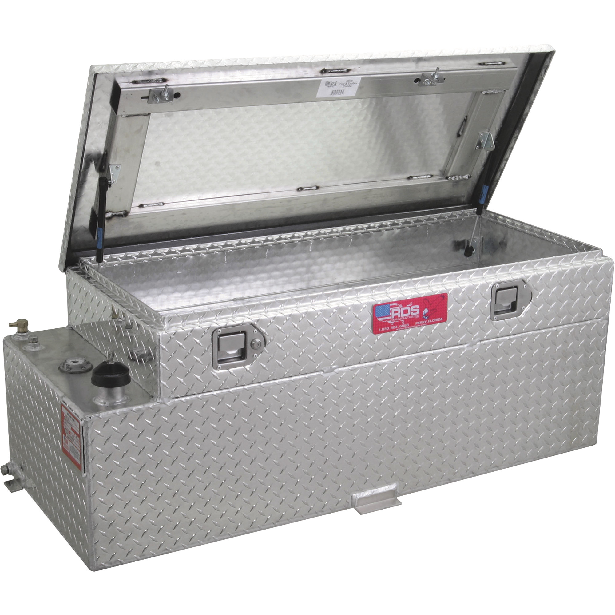 Aluminum Auxiliary Fuel Tank Toolbox Combo, 60 Gallon, Rectangular, Diamond Plate, Model# - RDS 72644