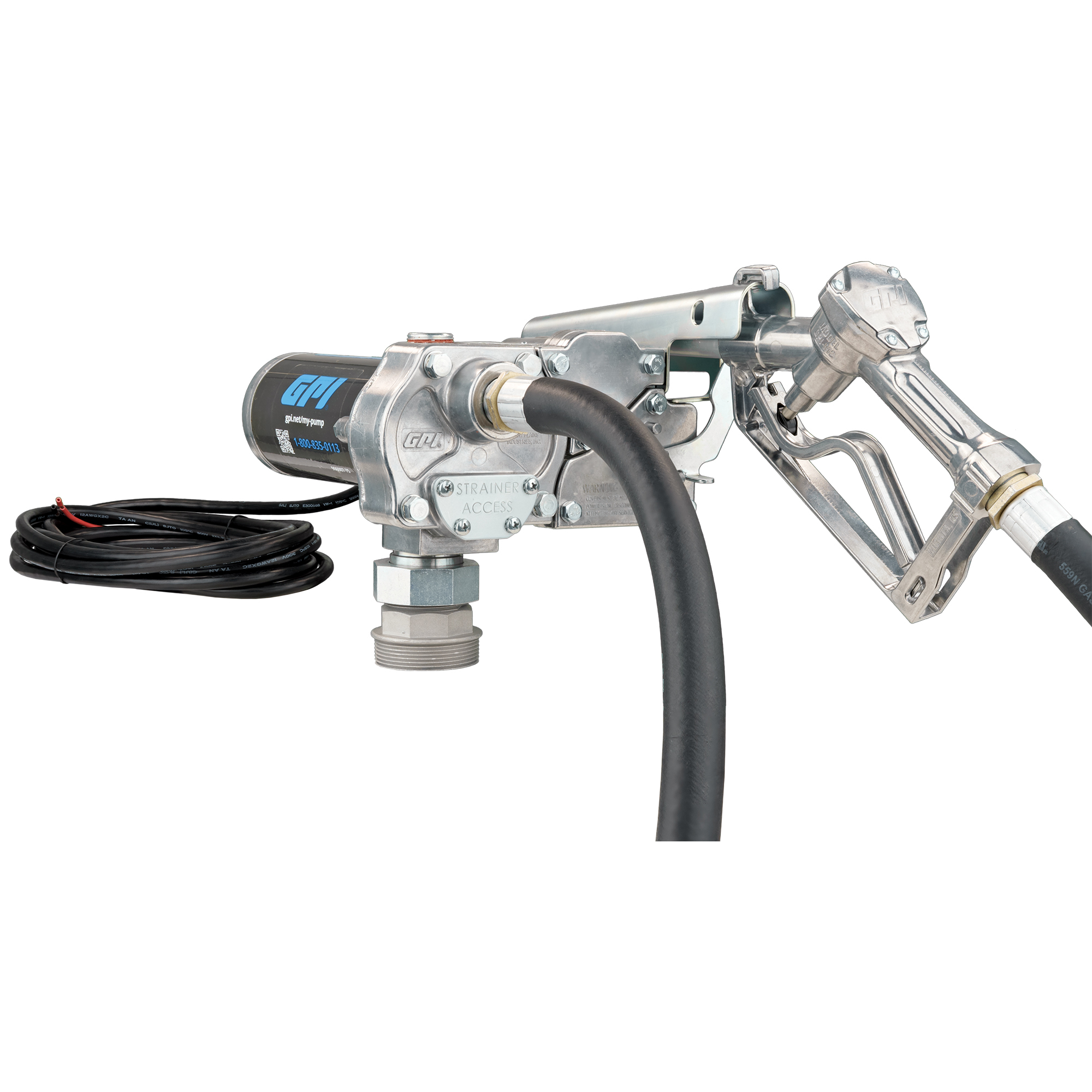 GPI 12V Fuel Transfer Pump with Spin Collar, 15 GPM, Manual Nozzle, Hose, Model M150S-MU