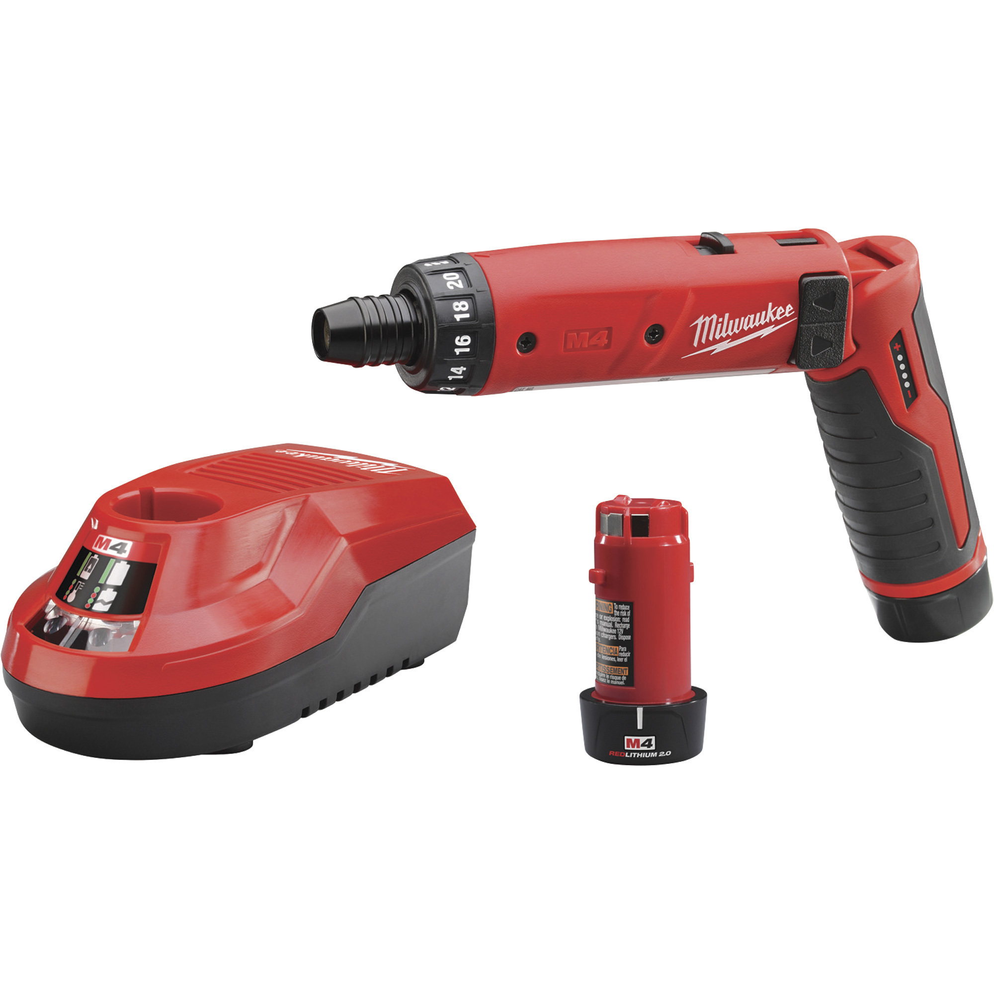Milwaukee M4 Lithium-Ion Electric Hex Screwdriver Kit With 2 Batteries, 1/4Inch Keyless Chuck, 600 RPM, 44 Inch/Lbs. Torque, Model 2101-22