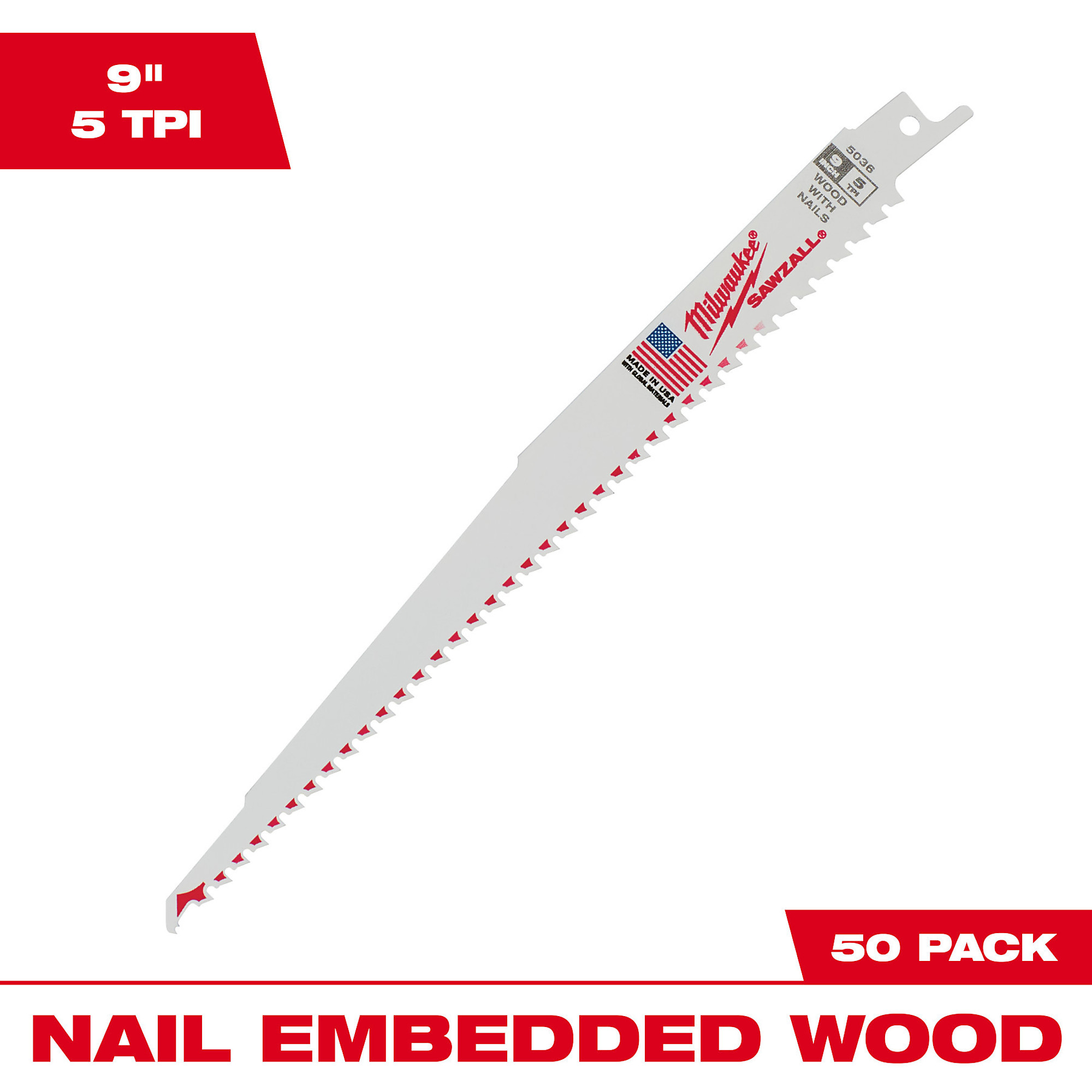 Milwaukee Thin Kerf Wood-Cutting Sawzall Blades, 50-Pack, 9Inch L., 5 TPI, Model 48-00-6036
