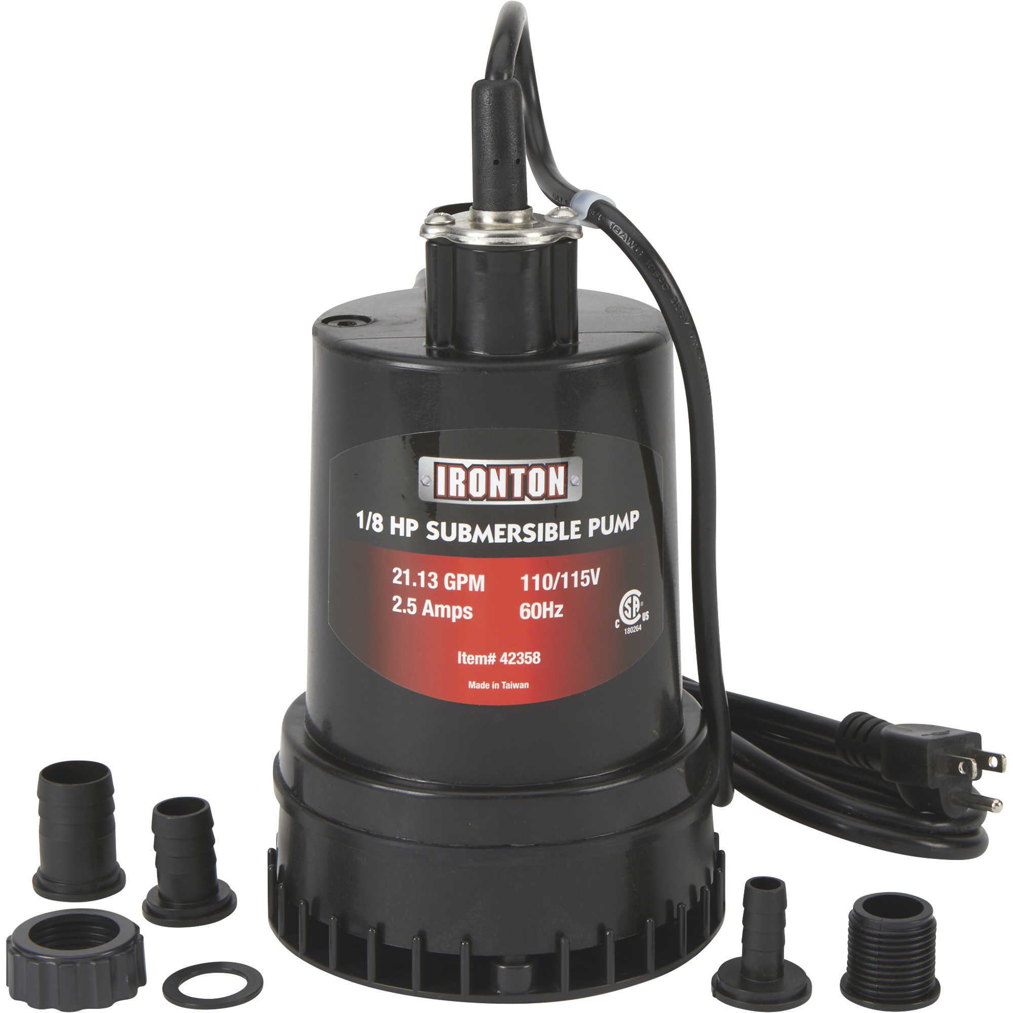 Ironton Submersible Water Pump, 1268 GPH, 1/8 HP, 1Inch Port, Model P01-011-0012