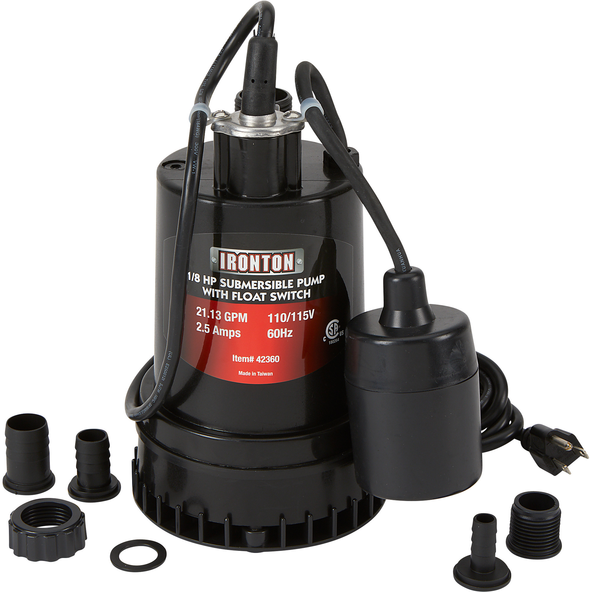 Ironton Submersible Water Pump with Float Switch and Auto On/Off, 1268 GPH, 1/8 HP, 1Inch Port, Model 108981