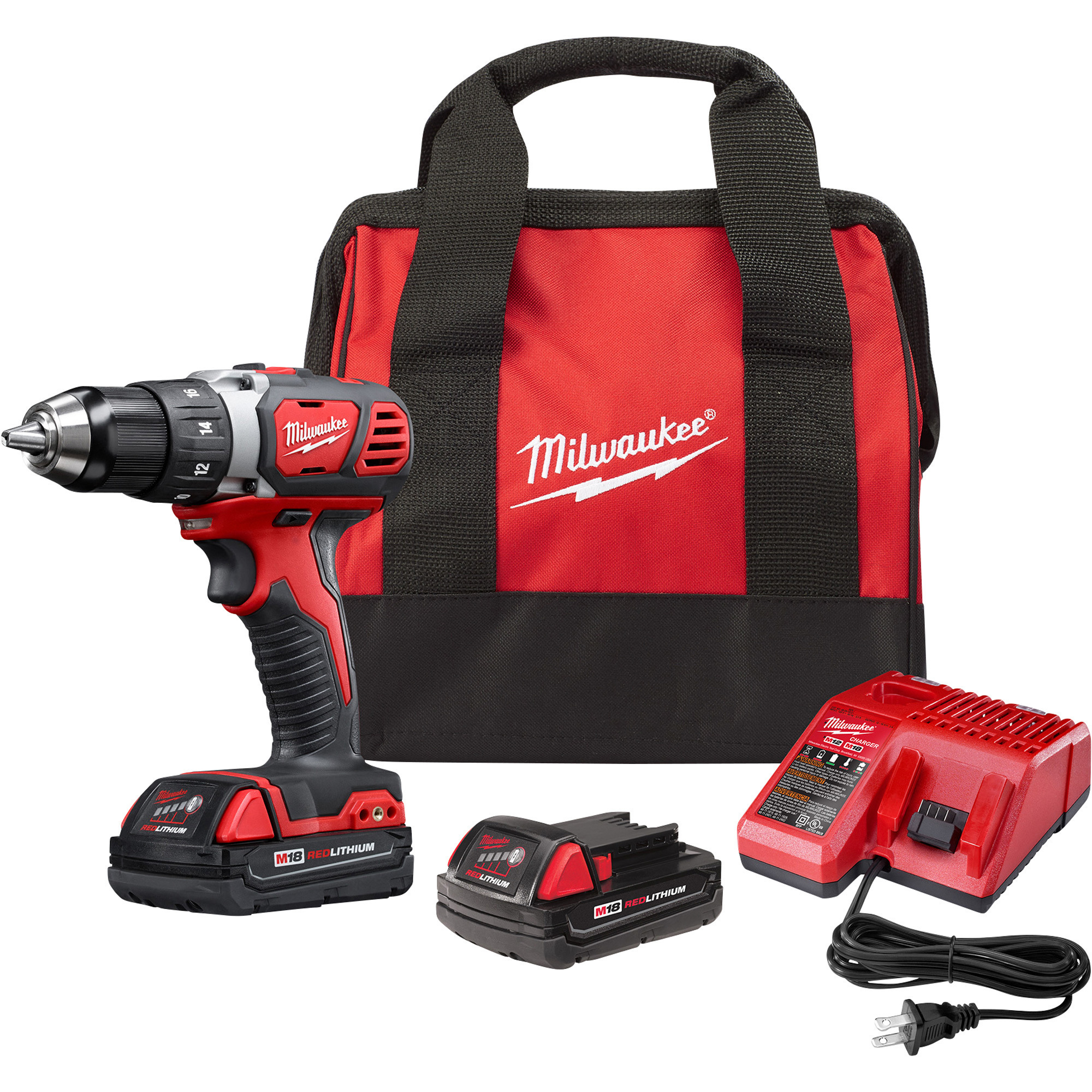 M18 Li-Ion Cordless Compact Electric Drill Driver Kit, 2 Batteries, 1/2in. Keyless Chuck, 500 In./Lbs. Torque, 1800 RPM, Model# - Milwaukee 2606-22CT