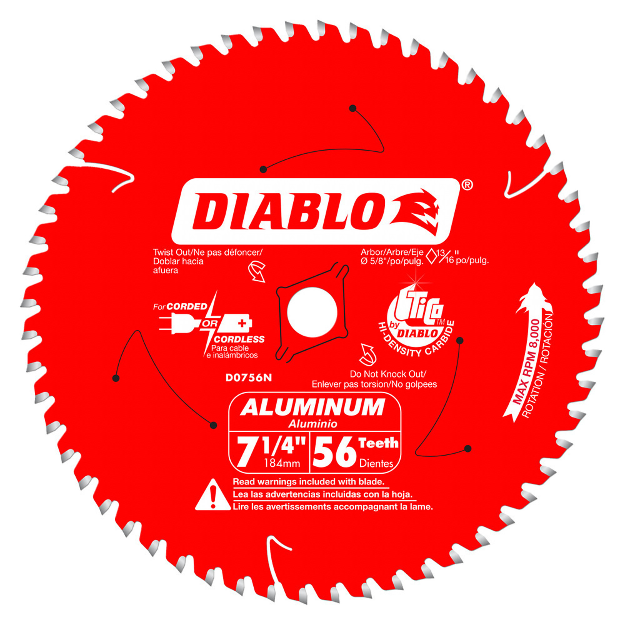 Diablo Steel Demon Nonferrous Metal-Cutting Circular Saw Blade, 7 1/4Inch x 56 Tooth, Model D0756N
