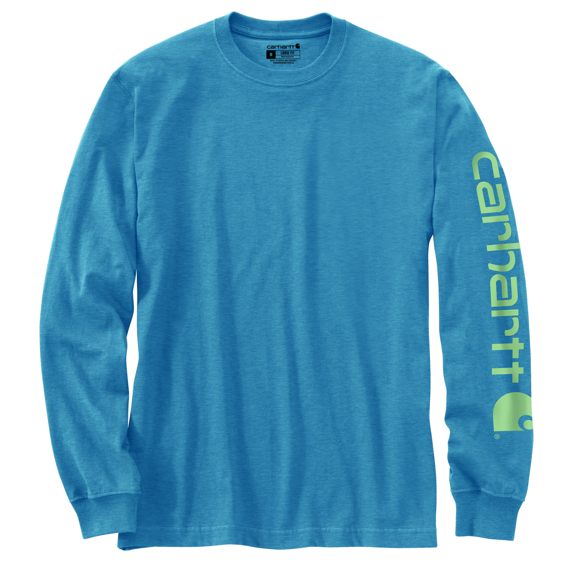 Carhartt, Men's Loose Fit Heavyweight Long Sleeve Graphic T-Shirt, Size L, Color Blue Lagoon Heather, Material 60% Cotton/40% Polyester, Model K231-