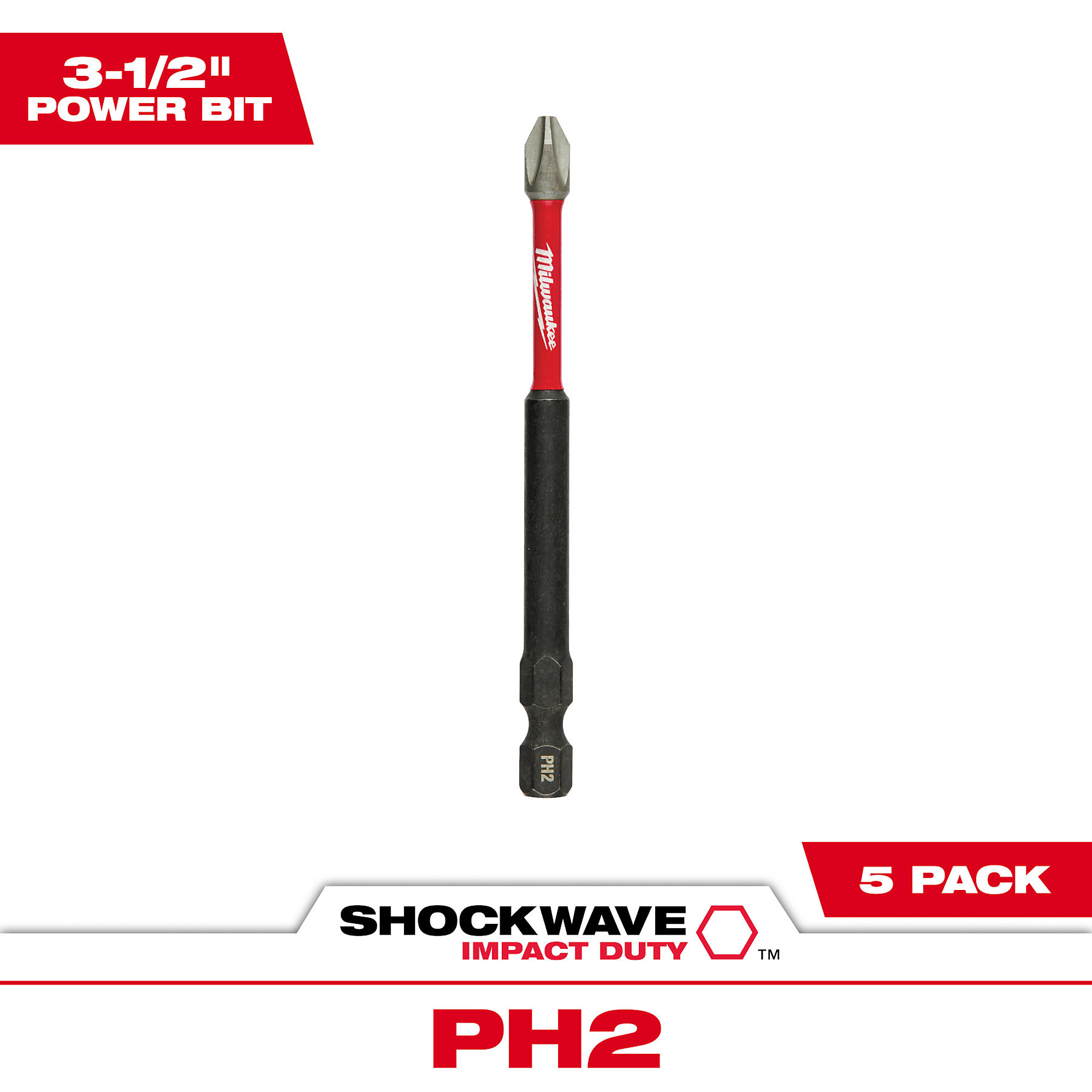 Milwaukee Shockwave 3 1/2Inch Power Bit, 5-Pack, Phillips #2, Model 48-32-4564