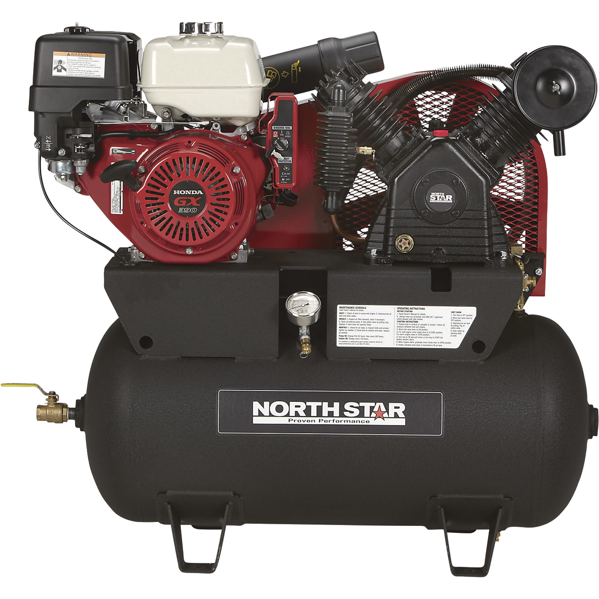 NorthStar Portable Gas Air Compressor - 30-Gallon Horizontal, 24.4 CFM @ 90 PSI, Honda GX390 OHV Engine -  459382