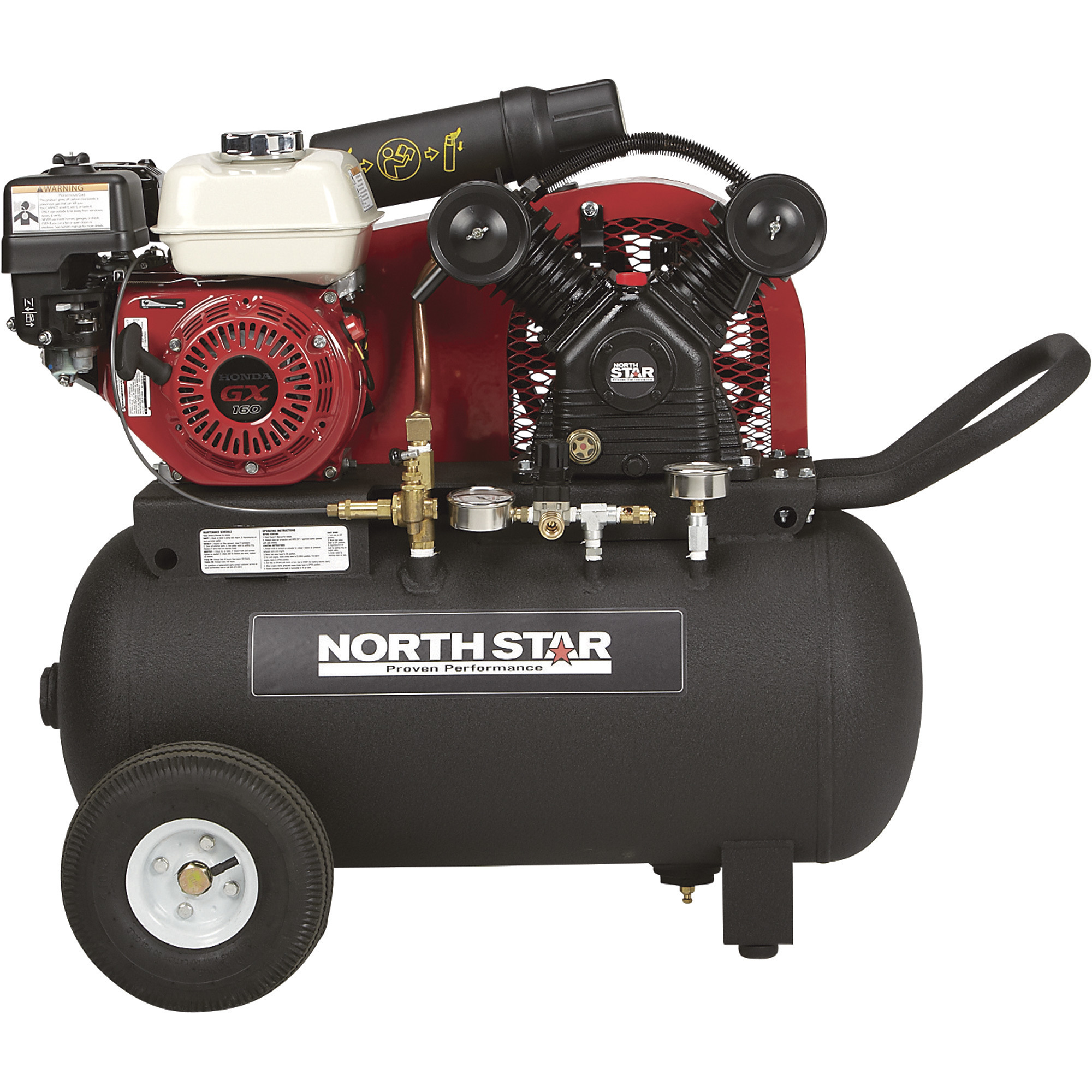 NorthStar 20-Gallon 13.7 CFM @ 90 PSI Portable Gas-Powered Air Compressor â Honda 163cc OHV Engine, Horizontal Tank